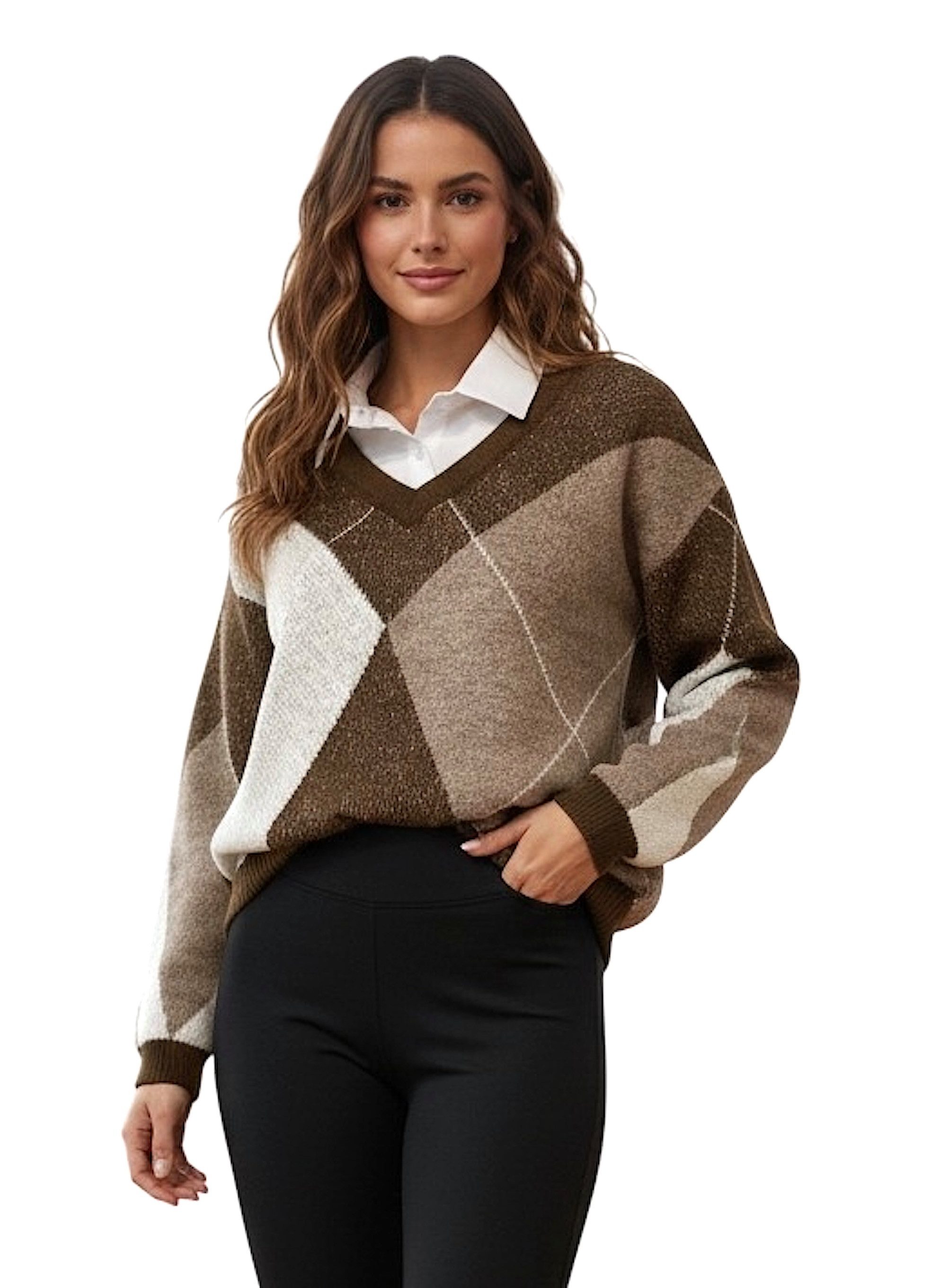 Worldclassca Strickpullover WORLDCLASSCA Strickpullover Kariert Karo mit Bluse Kragen V-Ausschnitt Neue Kollektion - Stilvolle und gemütliche Strickmode für Damen