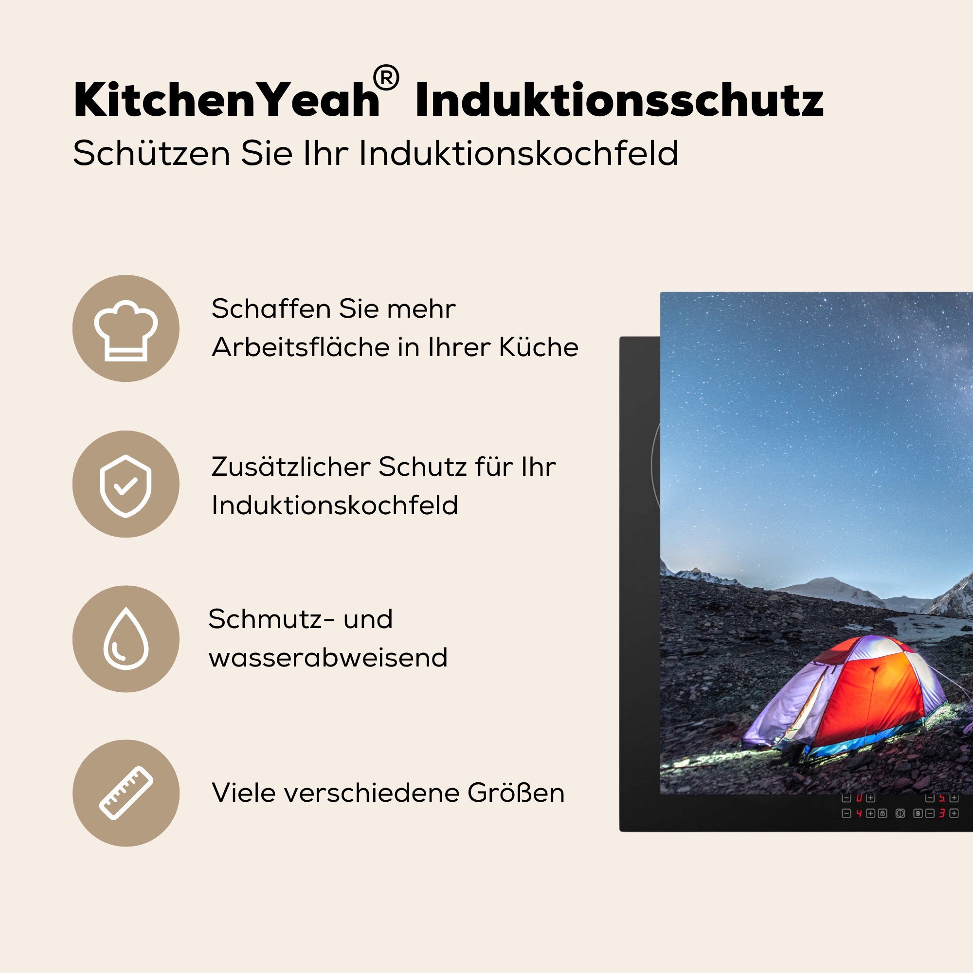 MuchoWow Herdblende-/Abdeckplatte Milchstraße - Sternenhimmel Zelt, (1 cm, Induktionskochfeld Schutz küche, tlg), die für - Ceranfeldabdeckung 81x52 Vinyl