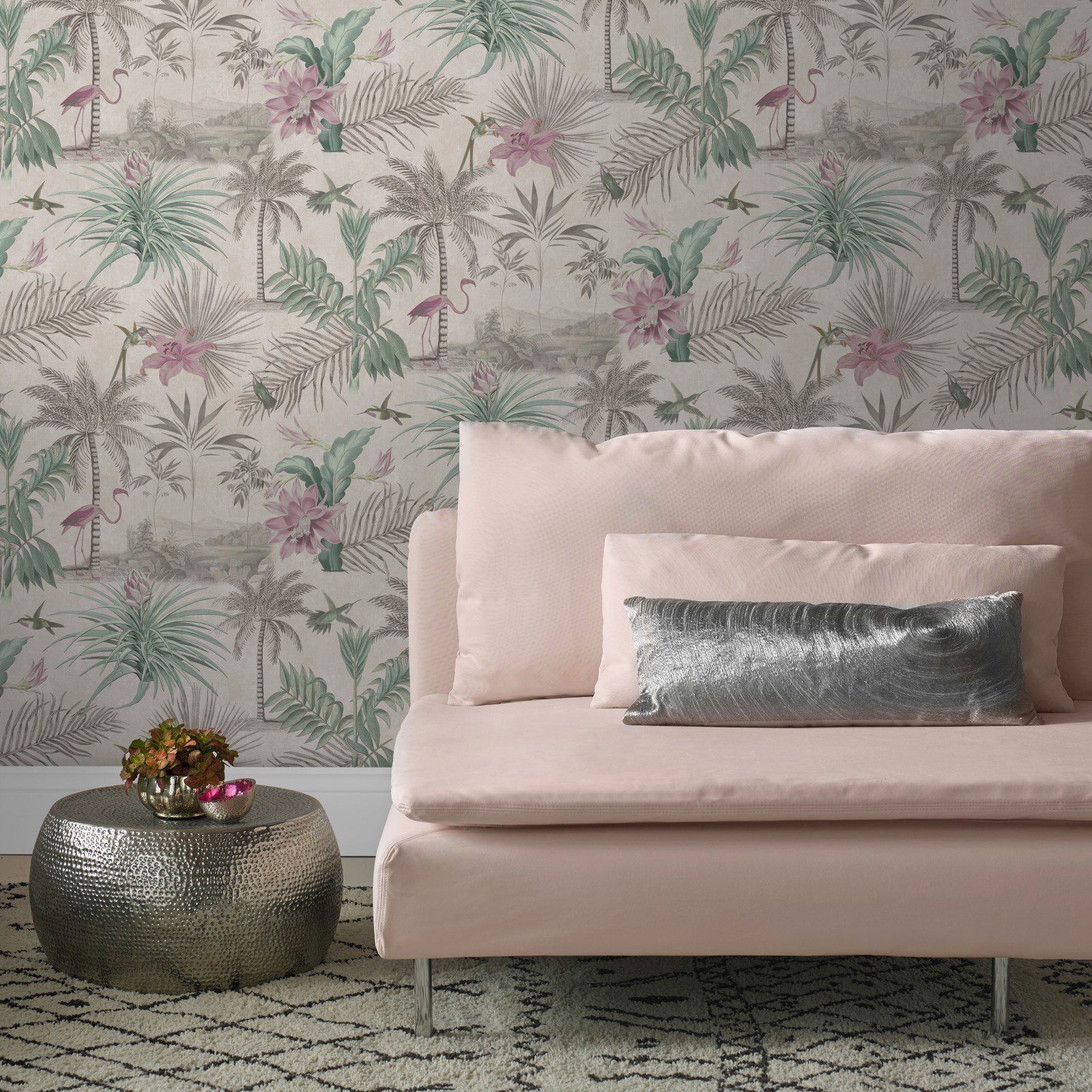WOW Vliestapete Paradies Grau/Rosa, geprägt, botanisch, FSC® zertifiziert, mit lebhaftem Druck, 10 Meter Länge