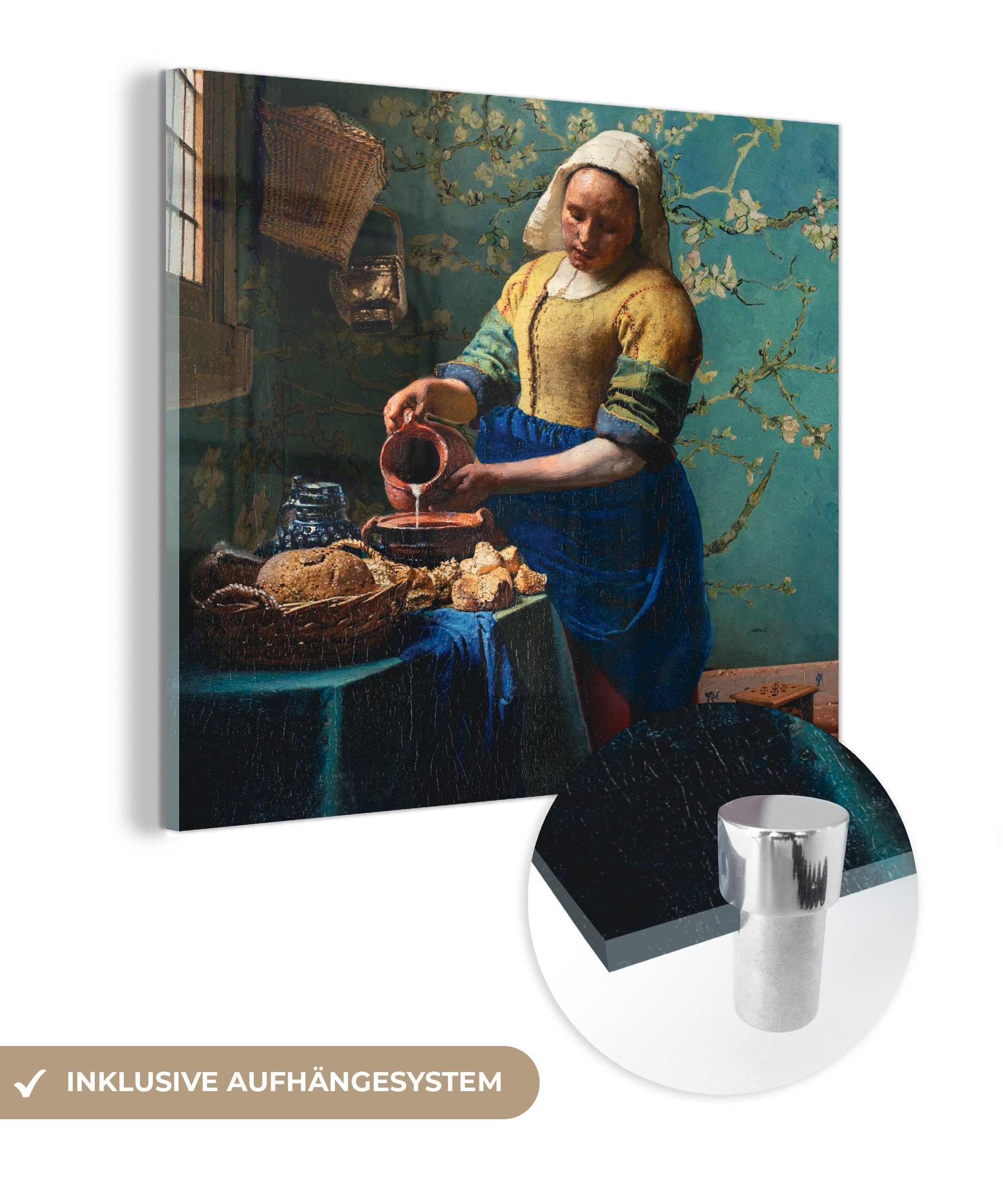 MuchoWow Acrylglasbild Milchmädchen - Mandelblüte - Van Gogh - Vermeer - Gemälde - Alte, (1 St), Glasbilder - Bilder auf Glas Wandbild - Foto auf Glas - Wanddekoration bunt | Bilder