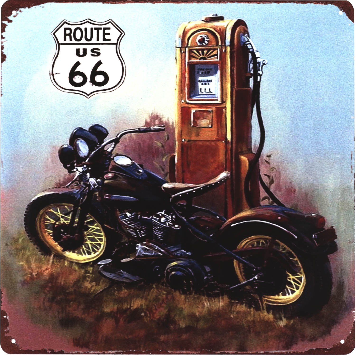 Metallschild Blechschild Route 66 US Motorrad Zapfsäule
