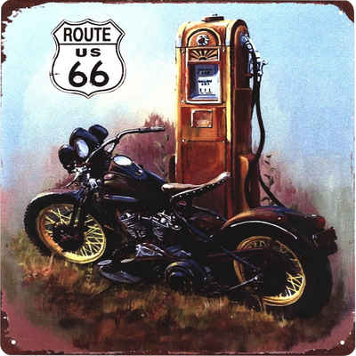 Moritz Metallschild Blechschild Route 66 US Motorrad Zapfsäule, (Einzeln), 30 x 30 cm Vintage Retro Deko Schild Metallschild Wandbild Schild