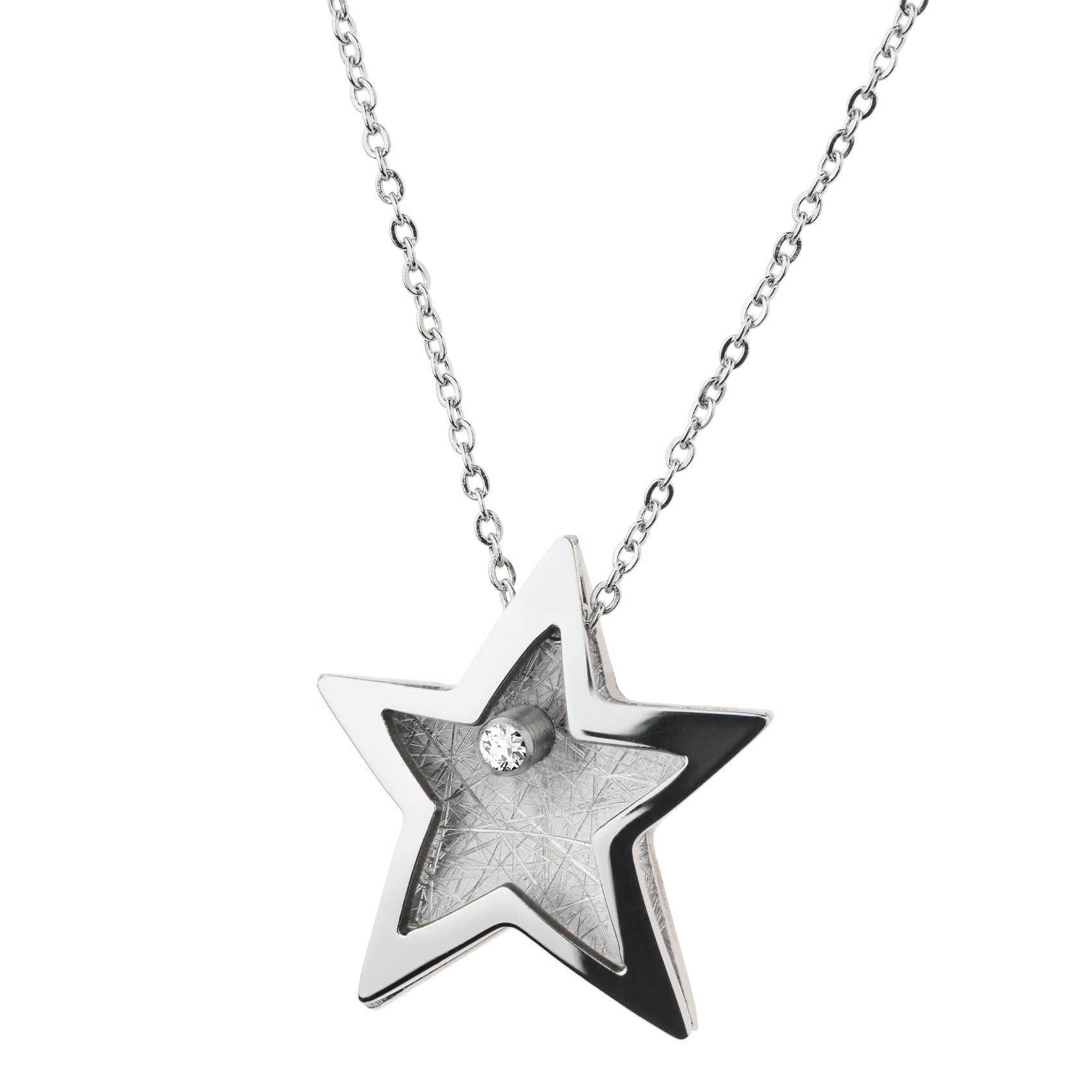 Ernstes Design Kette mit Anhänger Halskette Collier mit Brillant-Anhänger Stern Edelstahl K837