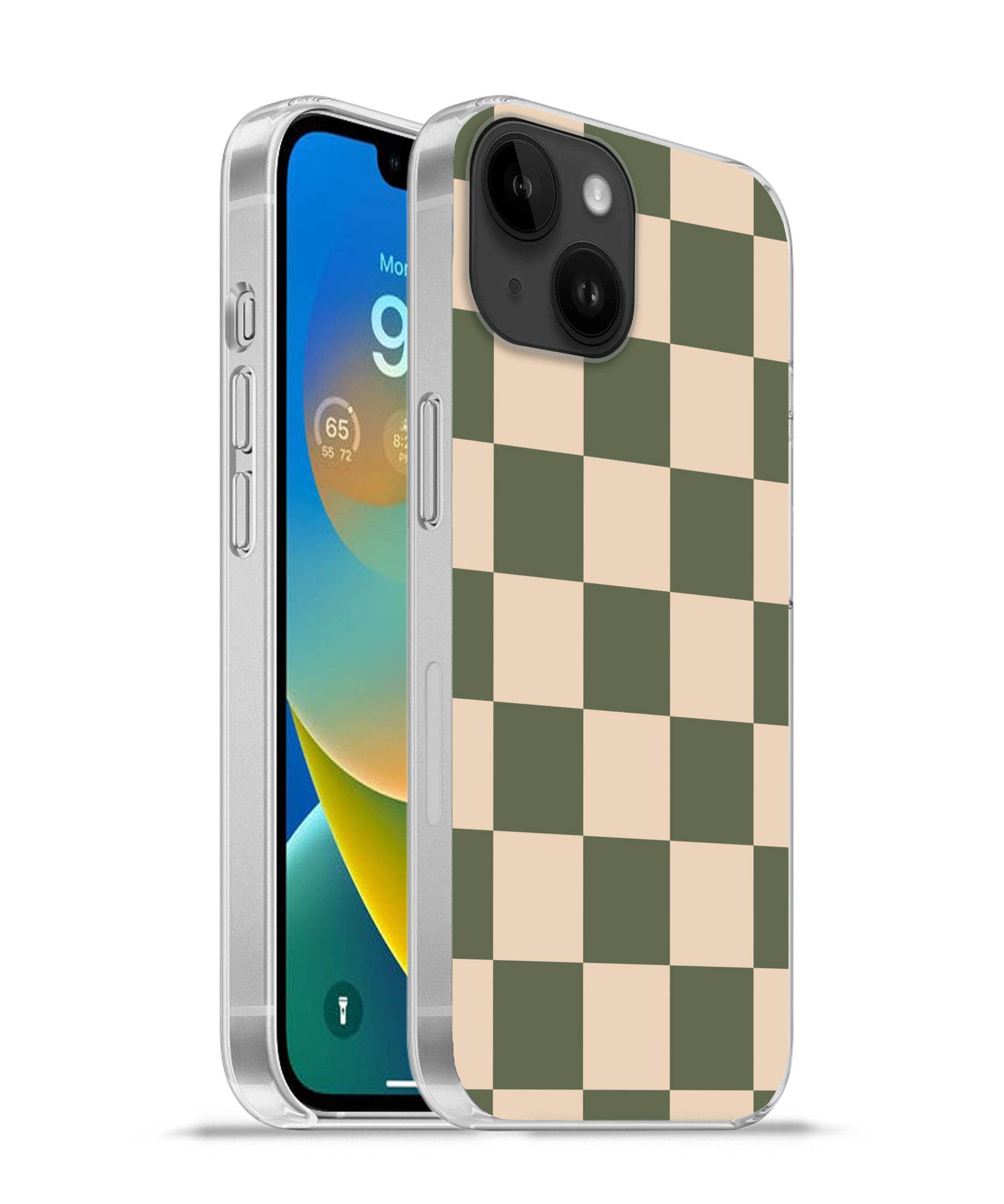 MuchoWow Handyhülle für Apple iPhone 14 Schachbrettmuster - Grün - Beige - Blöcke, Smartphone-Bumper, Print, Handy Schutzhülle Dünn