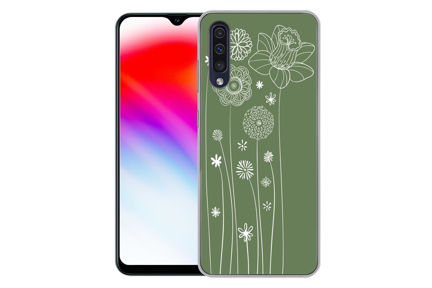MuchoWow Handyhülle für Samsung Galaxy A50 Illustration eines Blumenmusters in Grün, Smartphone-Bumper, Print, Handy Schutzhülle Dünn