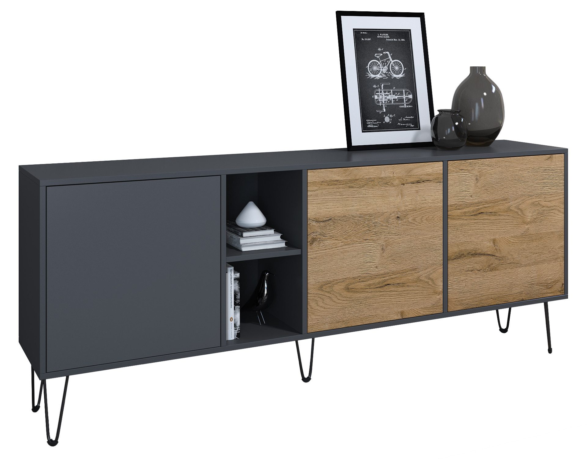 Vladon Sideboard Havana (TV-Schrank mit 3 Türen und 2 offene Fächer, Kommode Made in Germany), Anthrazit matt / Eiche Natur (181,5 x 73 x 35 cm)