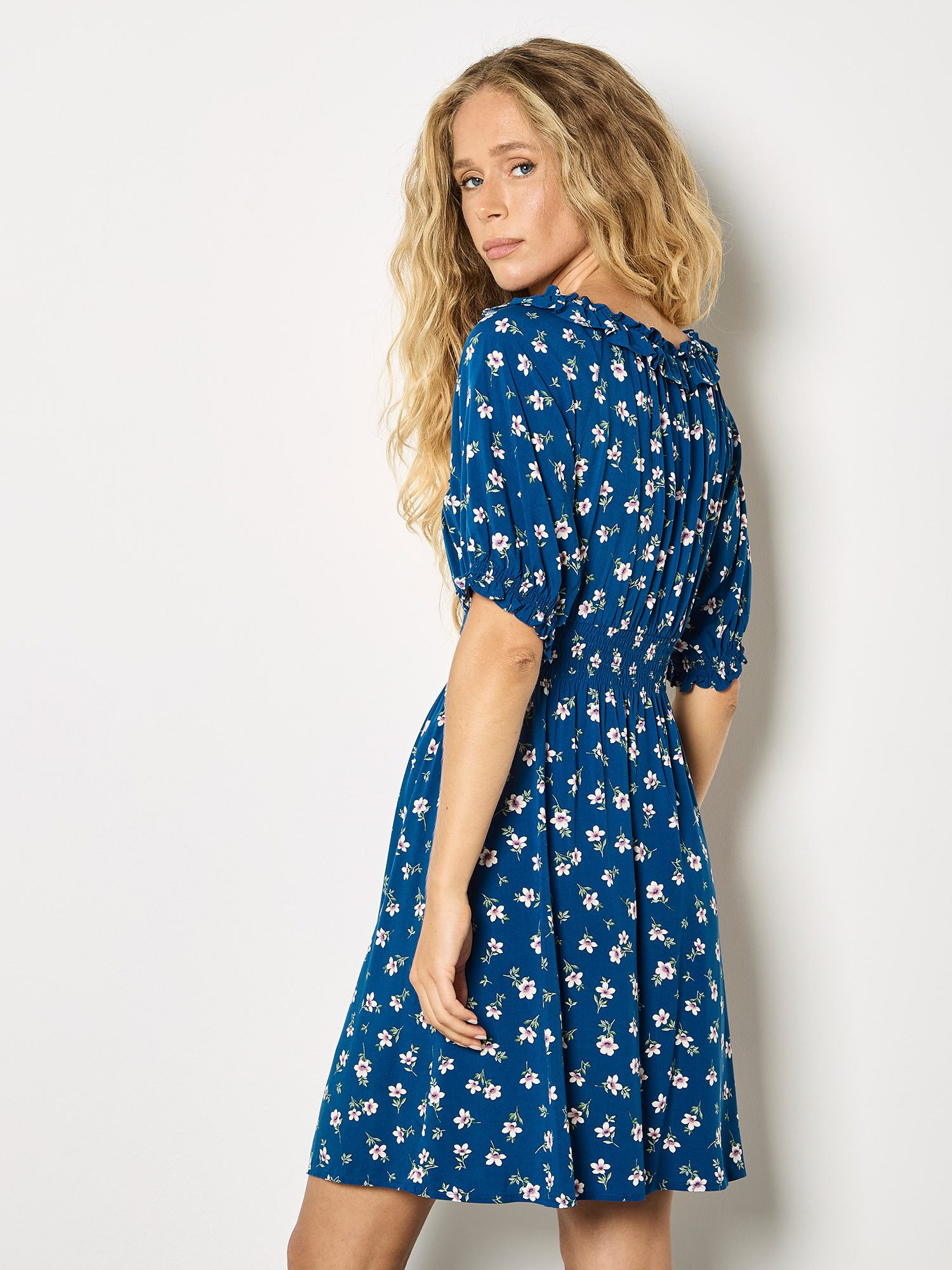 Apricot Minikleid Mini-Kleid im Milchmädchen-Stil mit Blumenrüschen