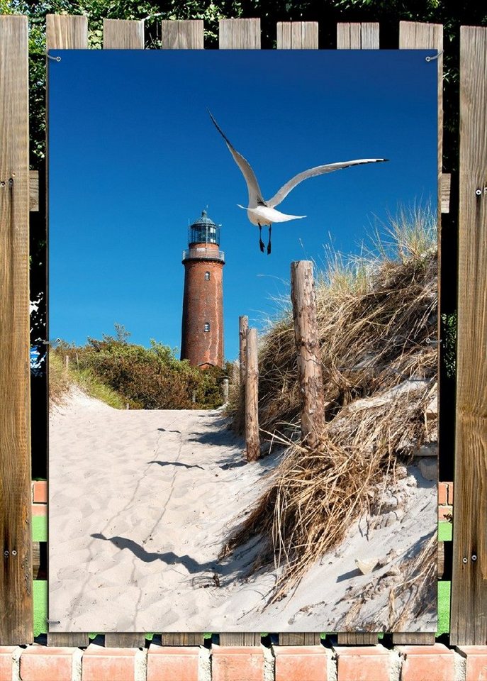 Thumbnail - Wallario Sichtschutzzaunmatten Möwe am Strand mit Leuchtturm