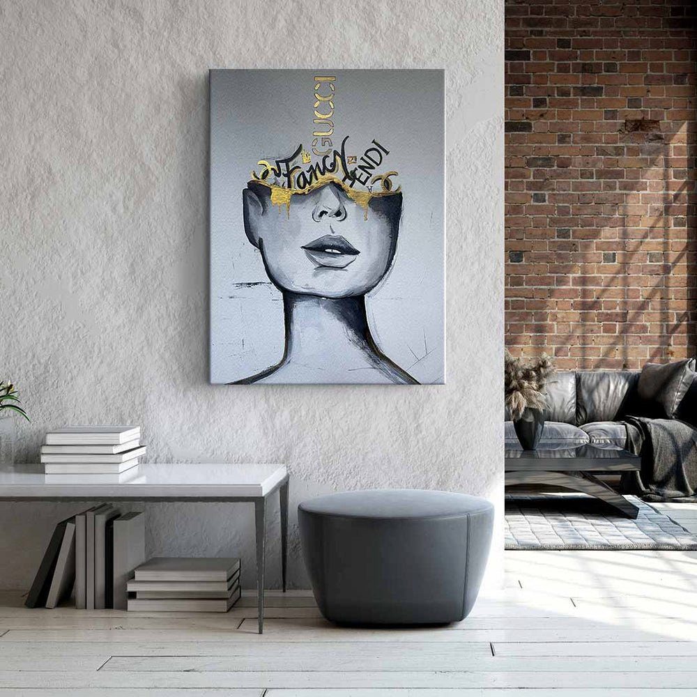 Leinwandbild, Wandbild weißer Frauen DOTCOMCANVAS® Gesicht - Rahmen Gold Fancy mit - Weißes
