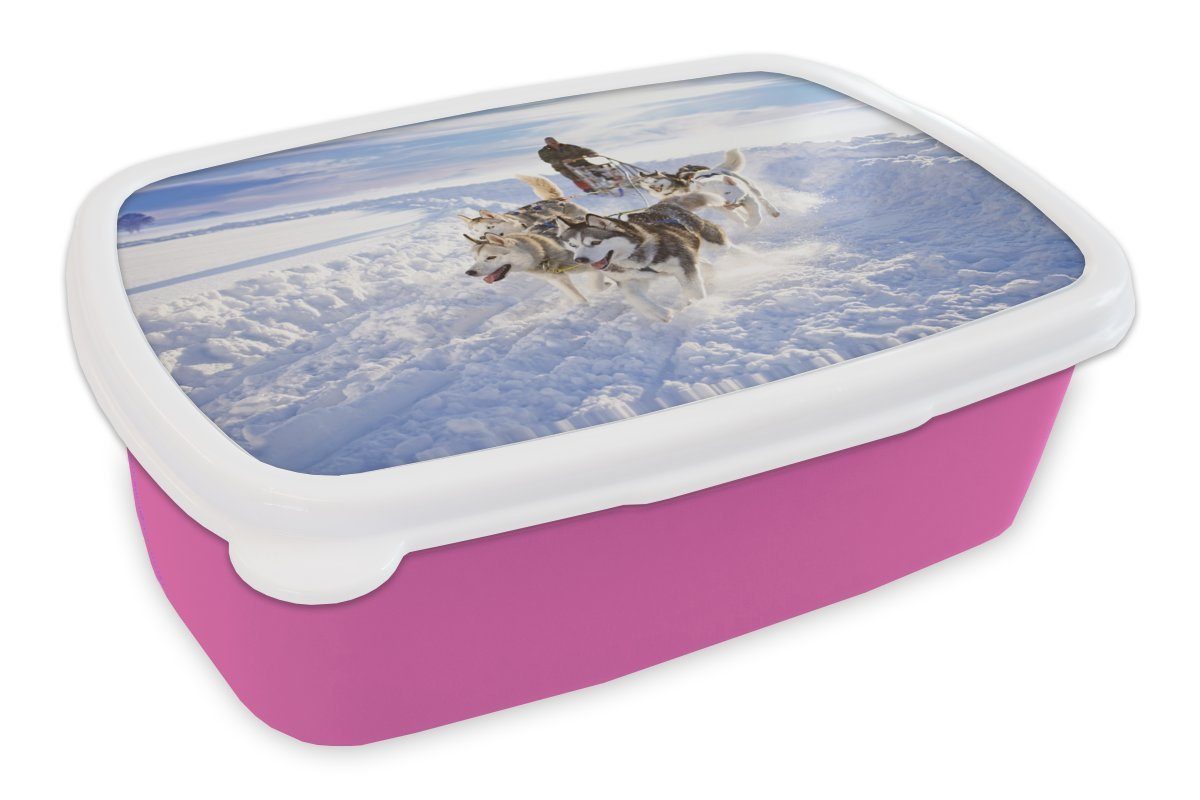 MuchoWow Lunchbox Huskys für Hundeschlitten, Kunststoff, (2-tlg), Brotbox für Erwachsene, Brotdose Kinder, Snackbox, Mädchen, Kunststoff rosa