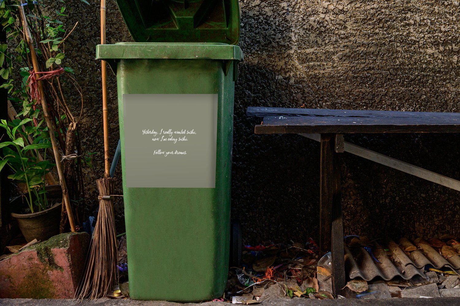 Mülltonne, - Sushi (1 Abfalbehälter unbedingt - ich Gestern MuchoWow Wandsticker St), wollte Mülleimer-aufkleber, Zitate Sticker, - Container, Sprichwörter
