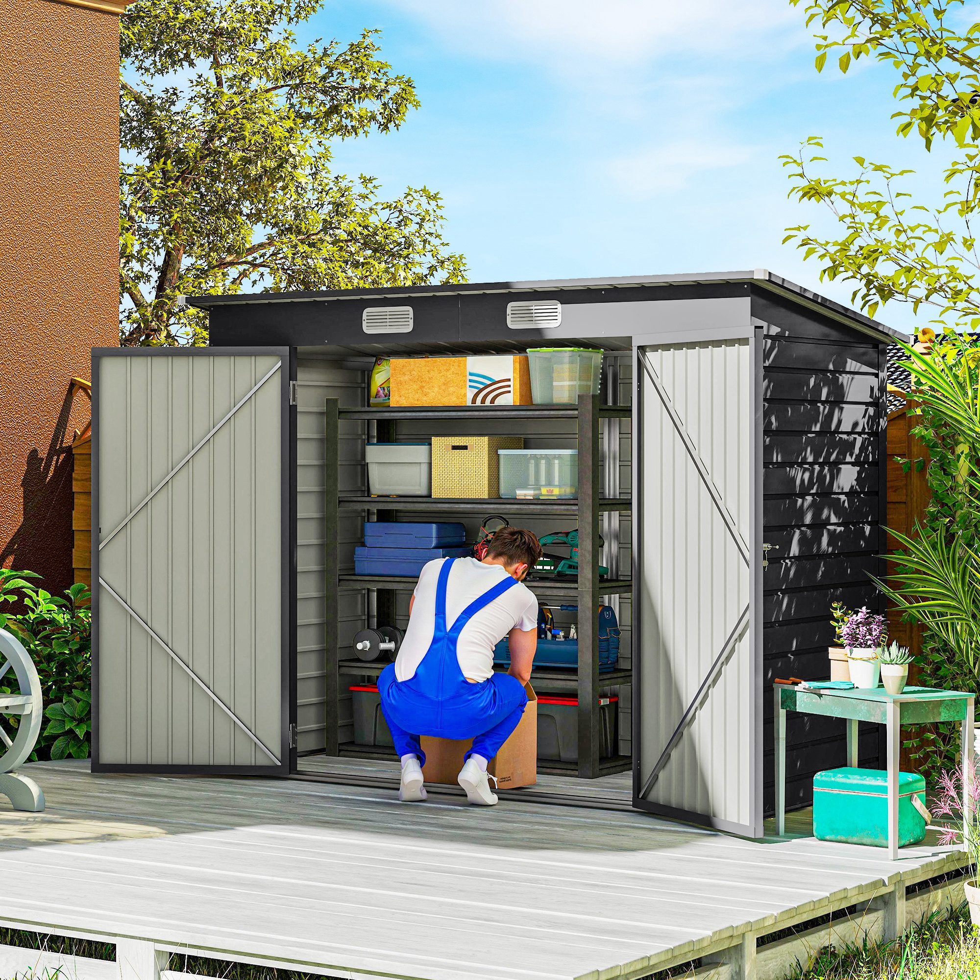 Outsunny Gerätehaus 2,7 m² Geräteschuppen mit Doppeltür, Schloss, BxT: 249x günstig online kaufen