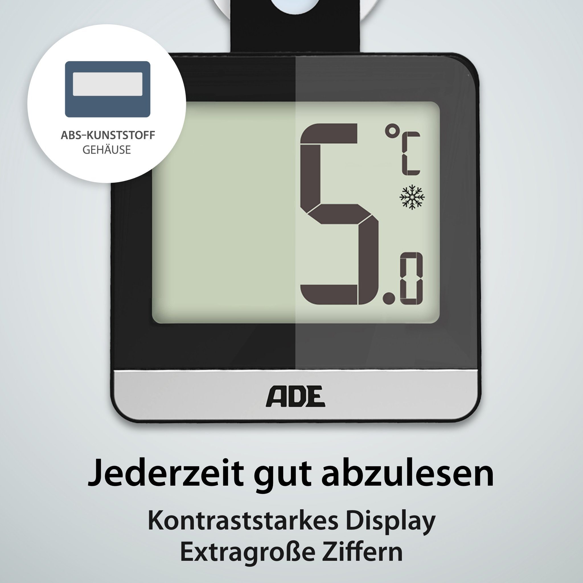 ADE Kühlschrankthermometer WS1832, mit Saugnapf, Magnet, Haken
