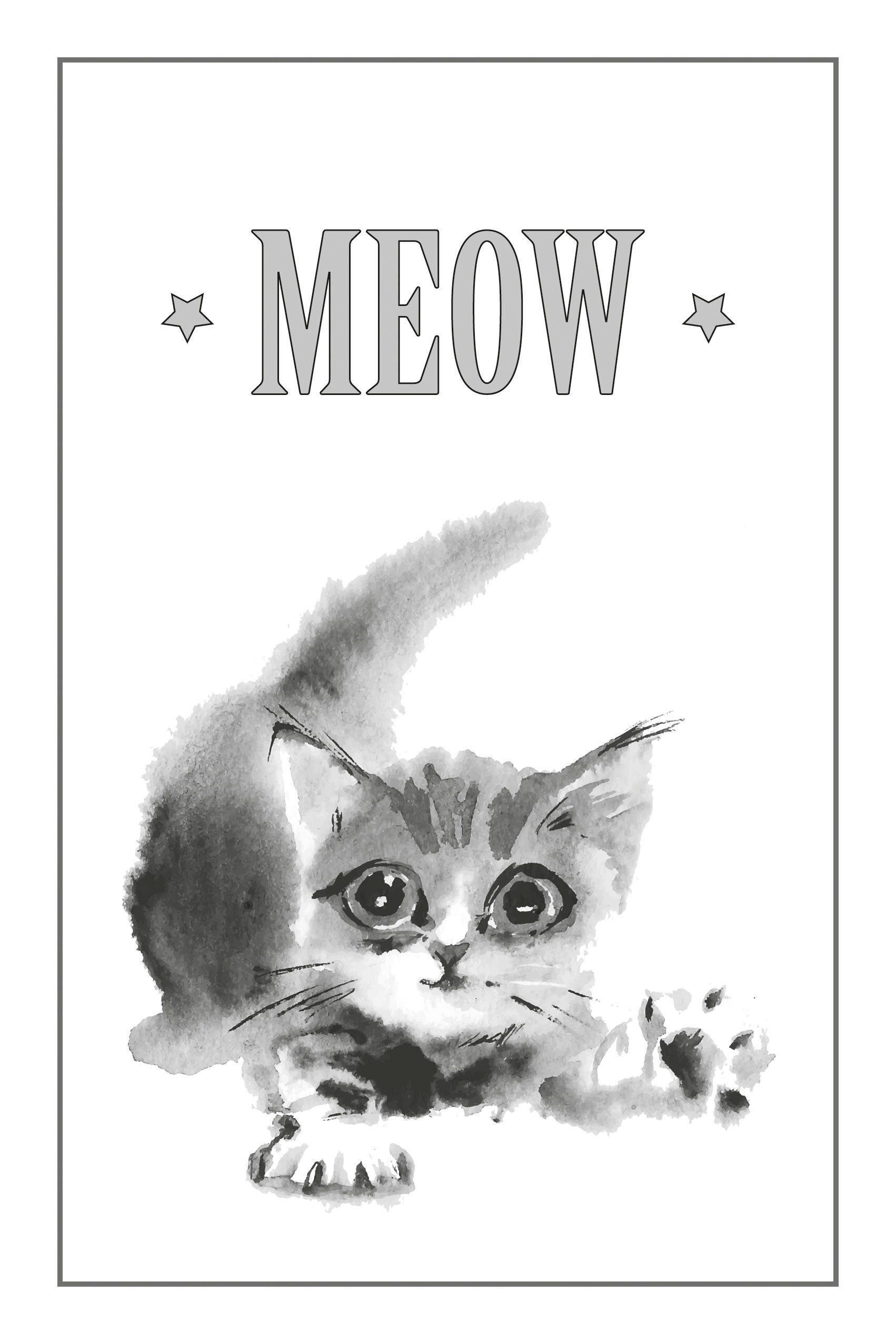 queence Leinwandbild Katze MEOW, Katze, Katzen, Katzenbilder, Kunst, Modern, Schriftzug, Schwarz-Weiß, Tiere, Premium-Leinwandstoff, Handarbeit aus Deutschland