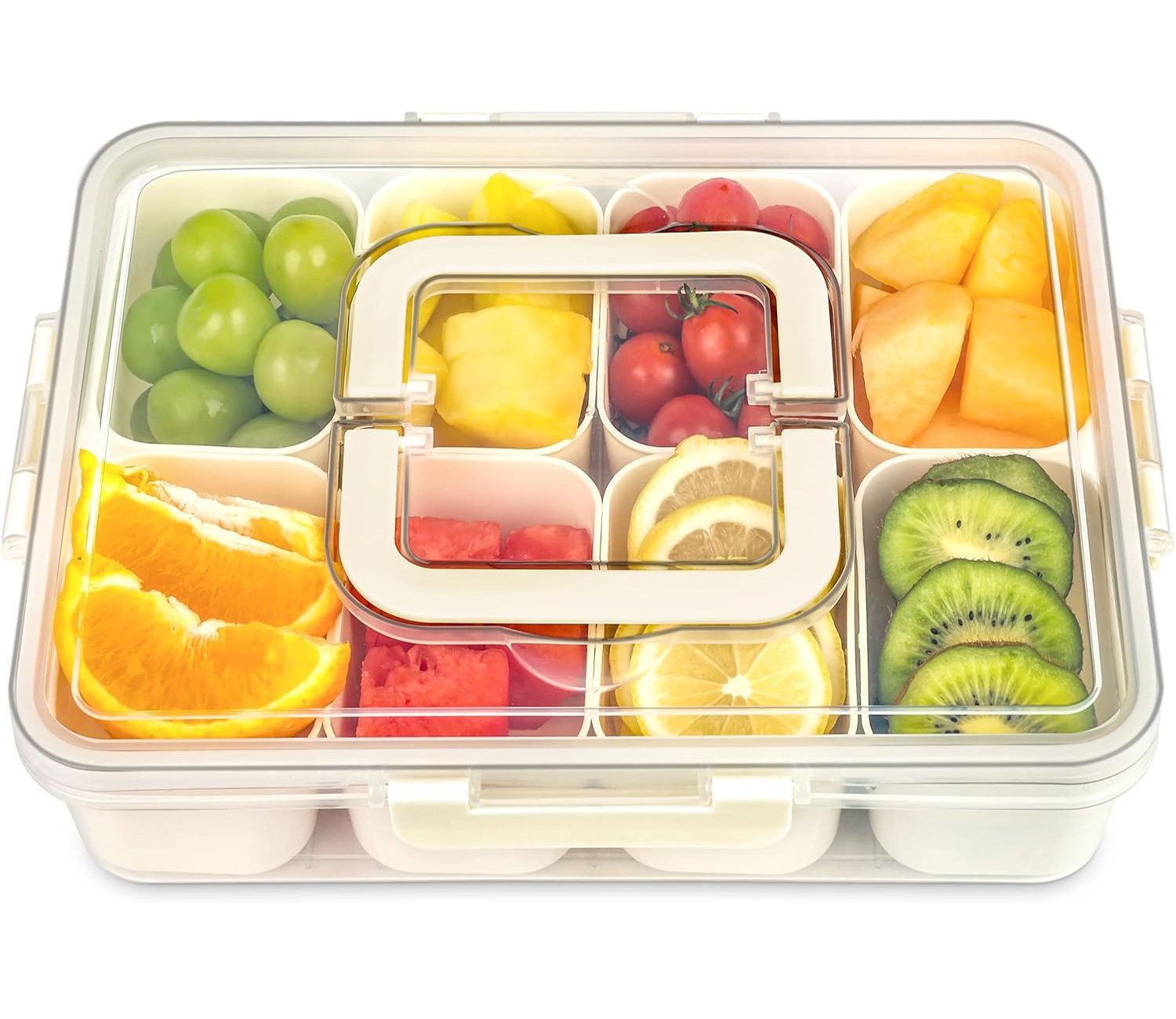 Refined Living Frischhaltedose Snackbox mit 8 Fächern, Servierplatte, Snackschale mit Deckel & Griff, Lebensmittelechtes PP, (Tragbarer Snack Organizer, Snackdose mit Deckel, Vorratsdose mit Fächern, Aufbewahrungsbox Snacks, Obstbox Kinder, Bento Box Orga
