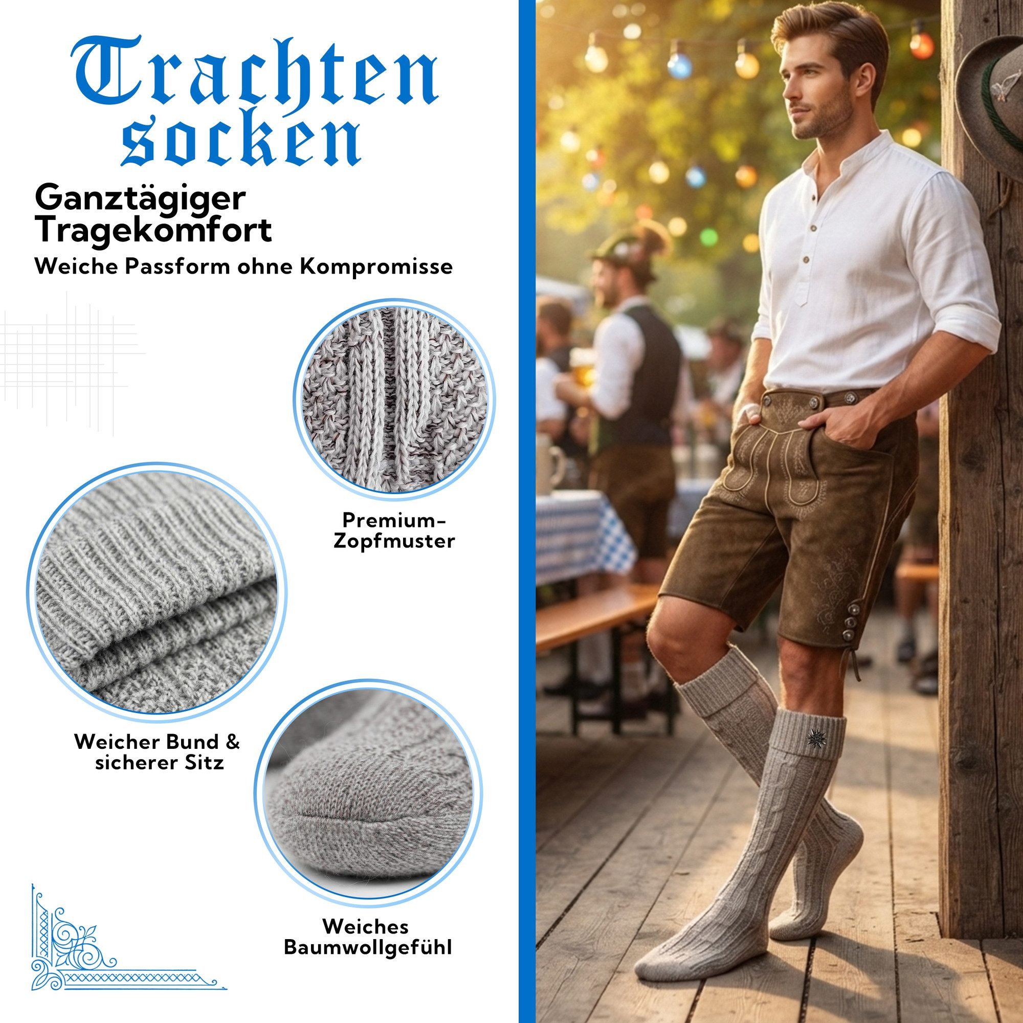 German Wear Trachtensocken GW200 Edelweiß Trachtensocken Trachtenstrümpfe Zopfmuster mit Edelweiß Pin 40cm