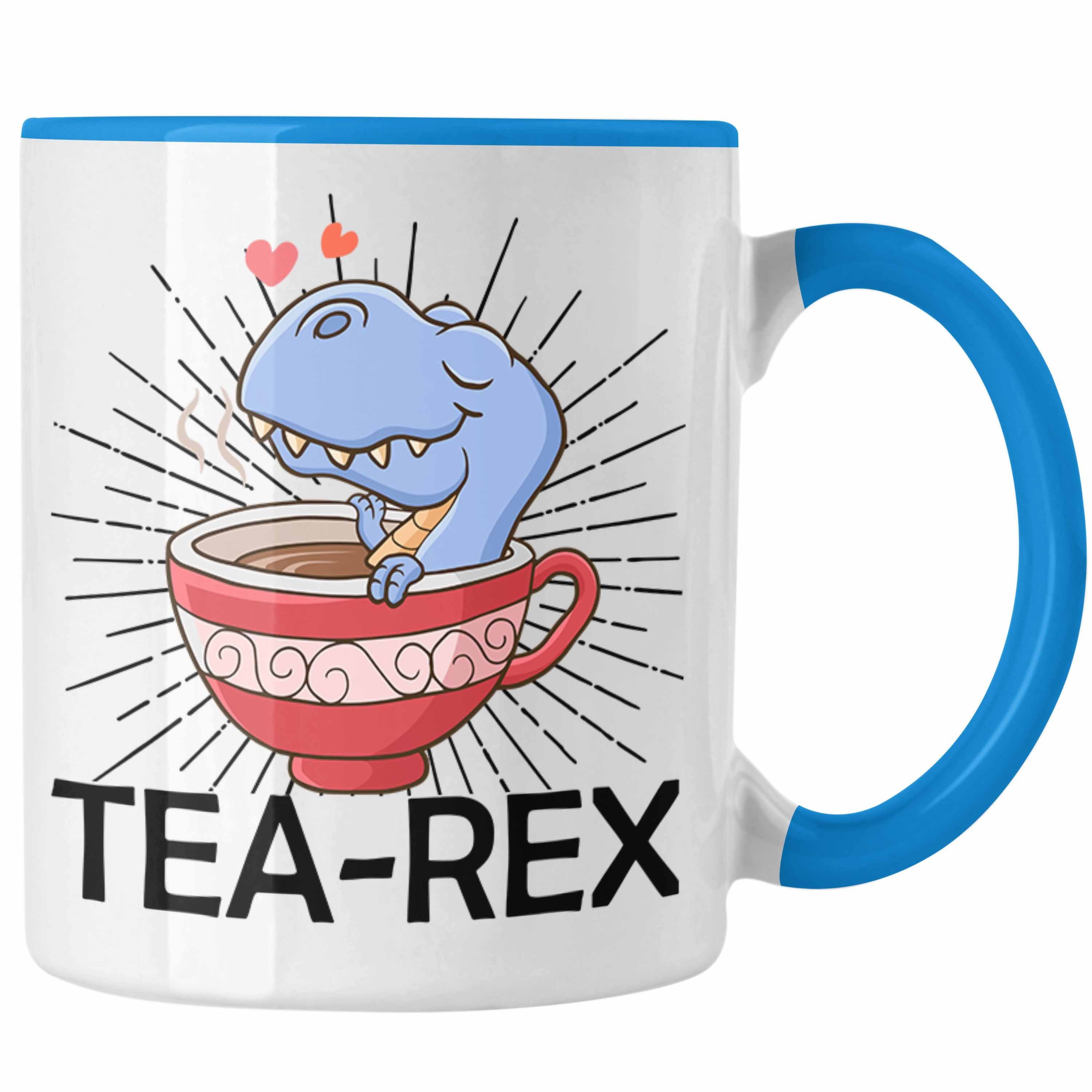 Trendation Tasse Trendation - Tea Rex Tasse Geschenk Wortspiel T-Rex Dinosaurier Geschenkidee Blau