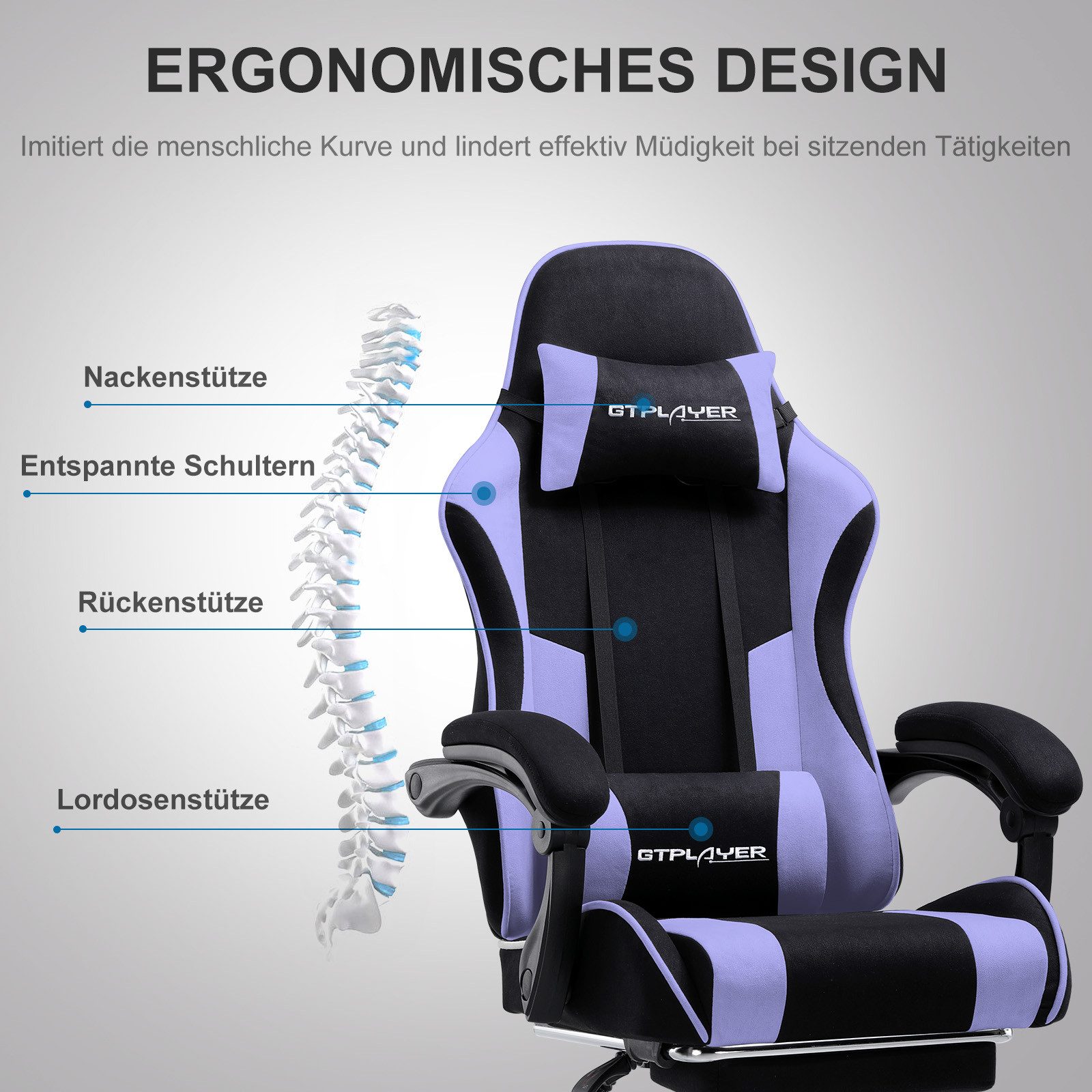 GTPLAYER Gaming-Stuhl Bürostuhl mit Massagefunktion, Fußstütze, Kopfstütze (Packung), Ergonomischer Gamer Stuhl Maximale Belastung 150 kg, 360° drehbar – Bild 2 von 5