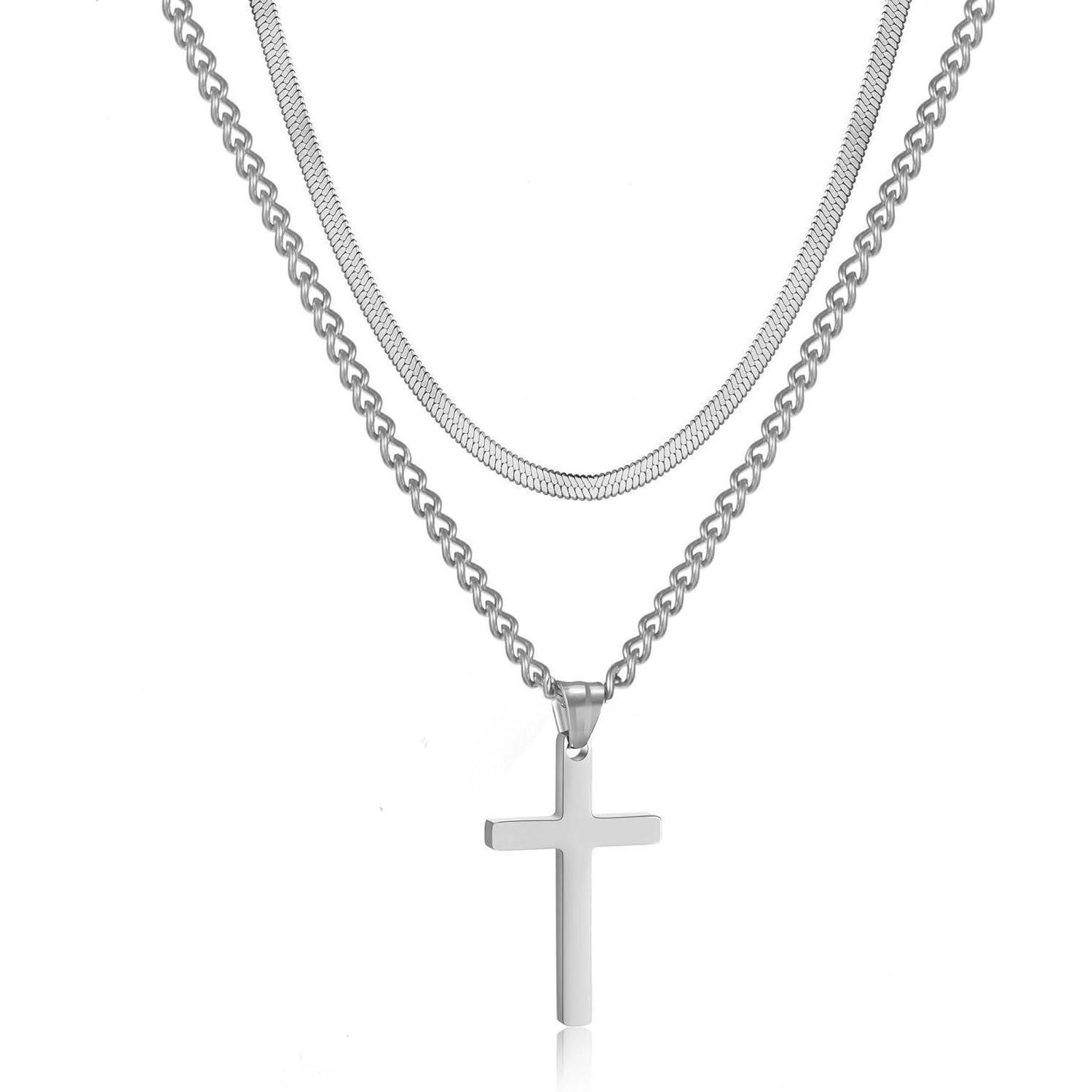 LuxusKollektion Kreuzkette Kreuz Kette Herren Edelstahl Silber Gold Schwarz Layered Flache