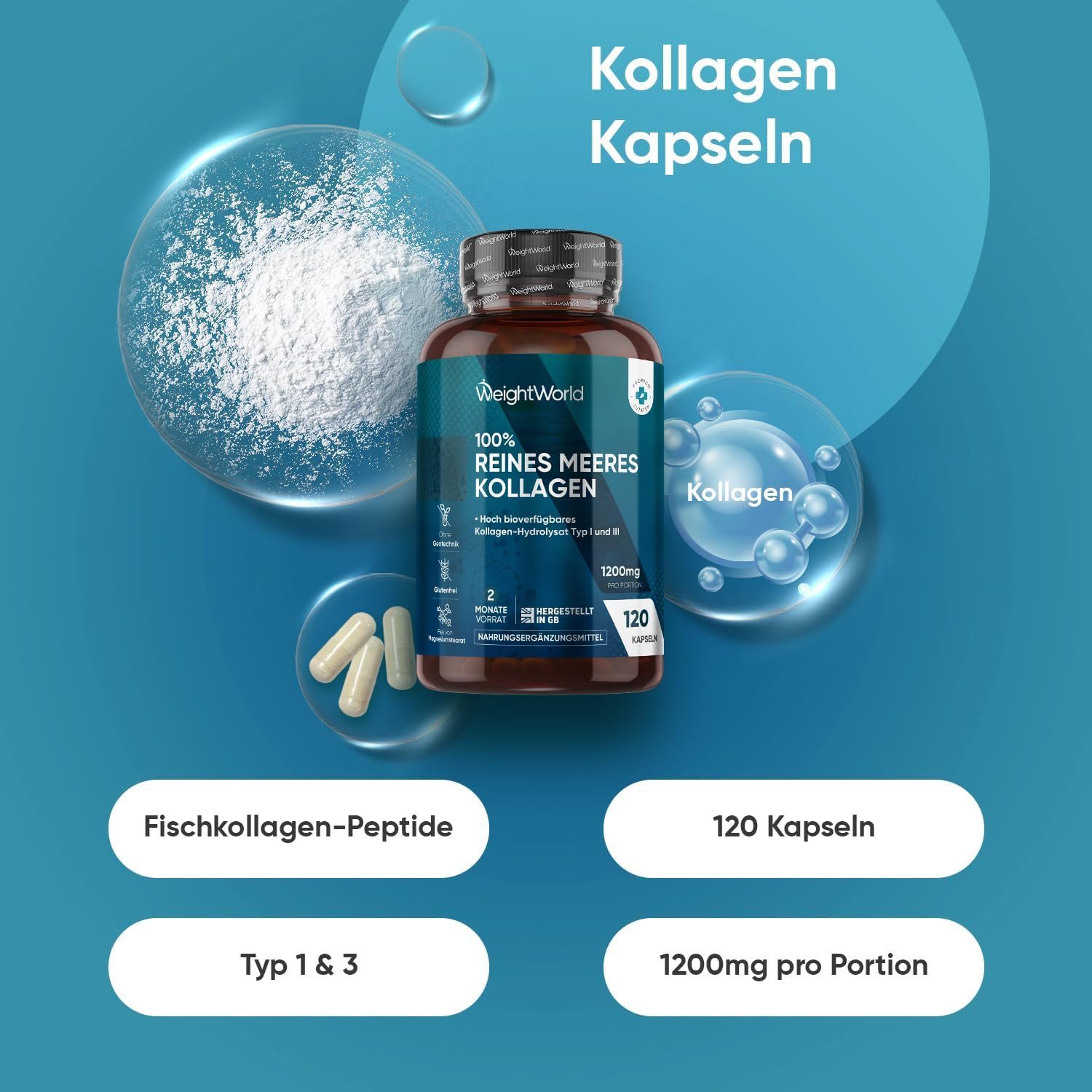 WeightWorld Marine Kollagen Kapseln – Für Haut, Haare & Nägel von innen Kapseln, 1 er 120 St., 86 g, 1200mg reines Marine Collagen Typ I und III