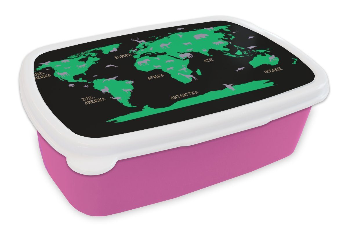MuchoWow Lunchbox Weltkarte Kinder - Rosa - Tiere, Kunststoff, (2-tlg), Brotbox für Erwachsene, Brotdose Kinder, Snackbox, Mädchen, Kunststoff