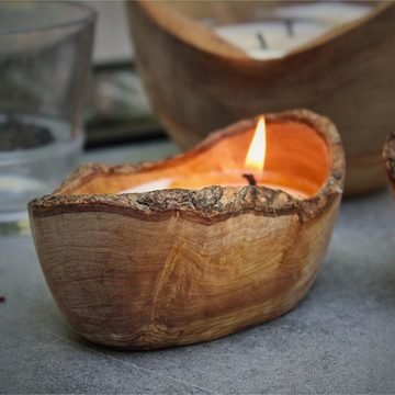 BeautySeeleCandle Rustic-Kerze Sojawachskerze in Olivenholzschale rustikal (ohne Duft), Echtwachskerze, Sojawachs, Olivenholz, Holz, handgefertigt