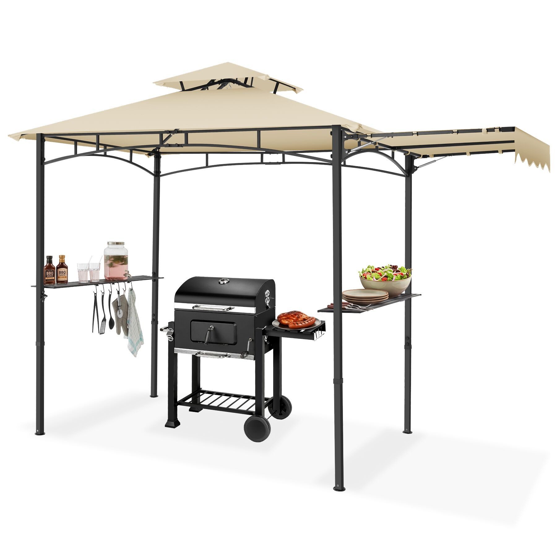 tectake Pavillon Grillpavillon, inklusive 8 Heringen und 6 Haken, 316 x 150 x 250 cm, mit 2 Seitenteilen, (316 x 150 x 250 cm, Komplettset), Doppeldachsystem, Flaschenöffner am Gestell