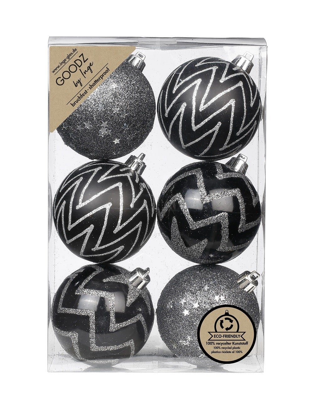 INGE-GLAS® Christbaumschmuck Inge's Новогодние шары 6 Stück 8 cm Schwarz, Kunststoff, bruchfest, Baumdekoration, Baumschmuck, Weihnachtsdekoration