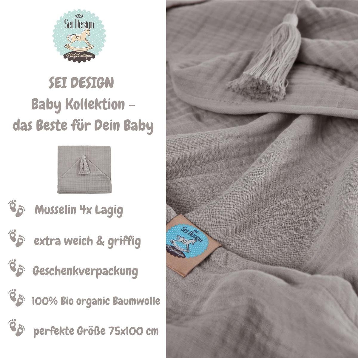 SEI Design Kapuzenhandtuch BIO Baby-Badeponcho Musselin 100% stone-grey cm, 4-lagig Baumwolle - 75x100 Musselin BIO (1-St)