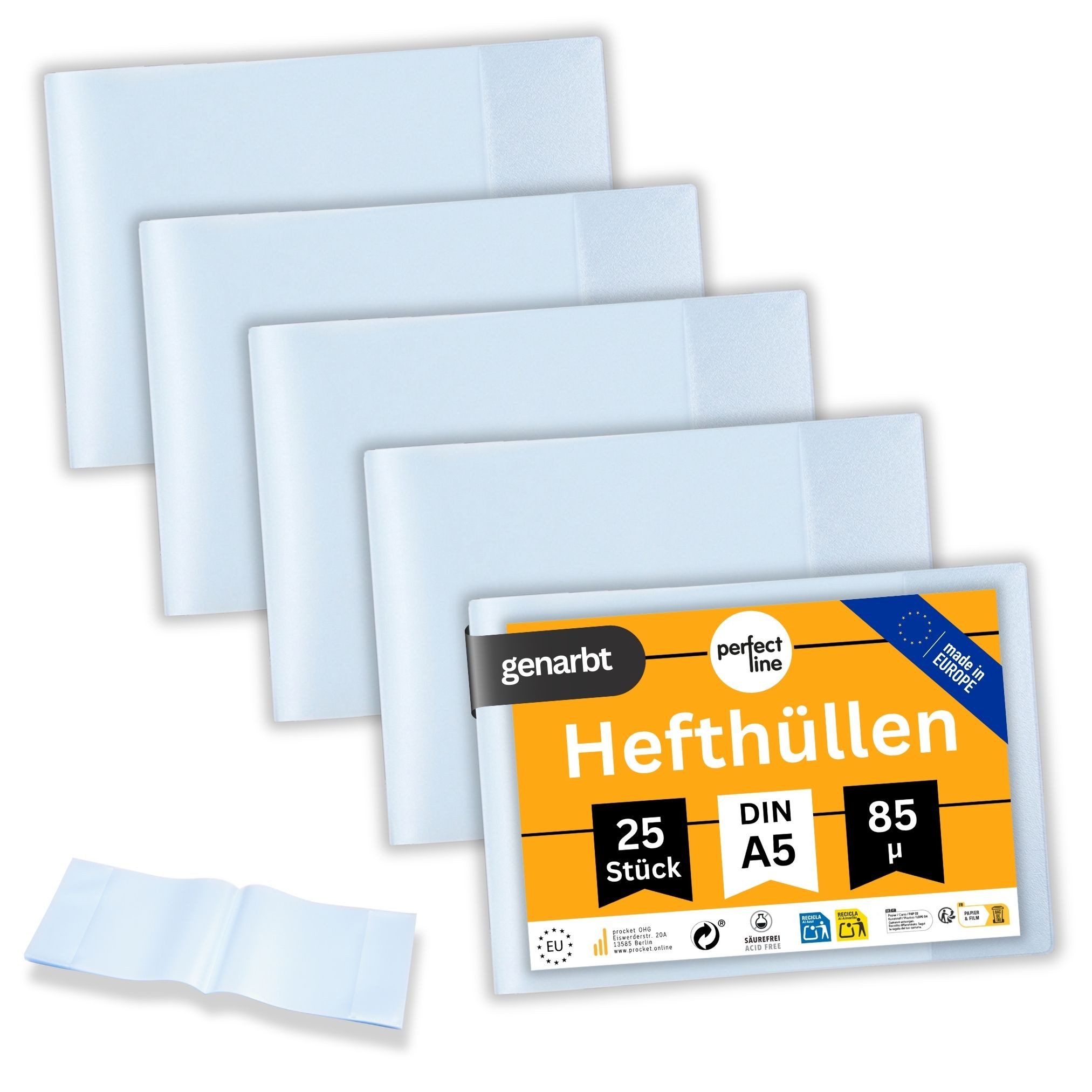 perfect line Schulheft 25 Hefthüllen DIN A5 Querformat, genarbt transparent, 85 my, PP, säurefrei, dokumentenecht, Made in EU