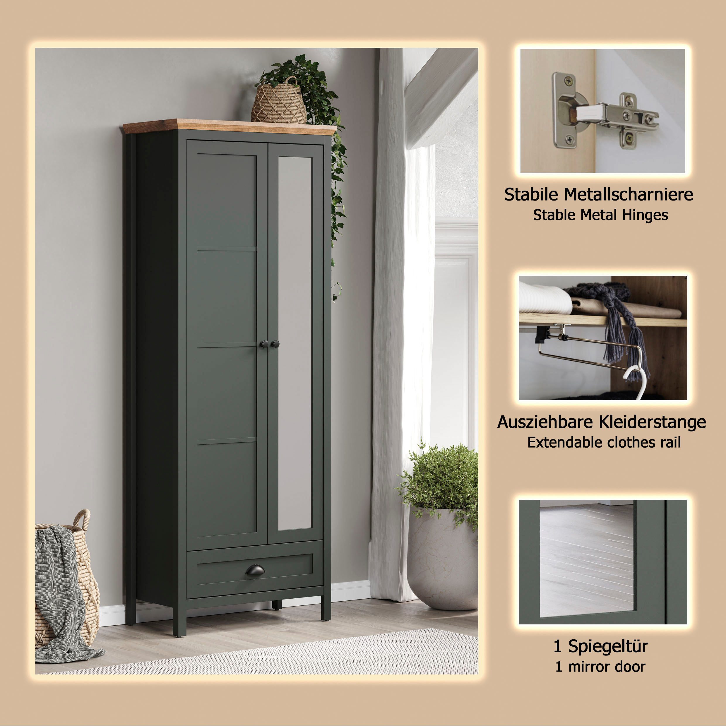 Home affaire Garderobenschrank Vienna (1-St) Garderobenschrank, 2 Türen, 1 Schubkasten & Vollauszug 77/39/198 cm