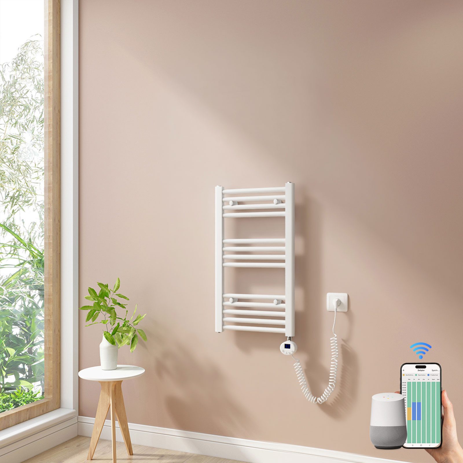 MEYKOERS Elektrischer Badheizkörper Handtuchheizkörper mit Smart WiFi Thermostat Heizstab, 300W, Höhe: 70 cm, Intelligente Steuerung, 4 Modi und Smartes Heizen