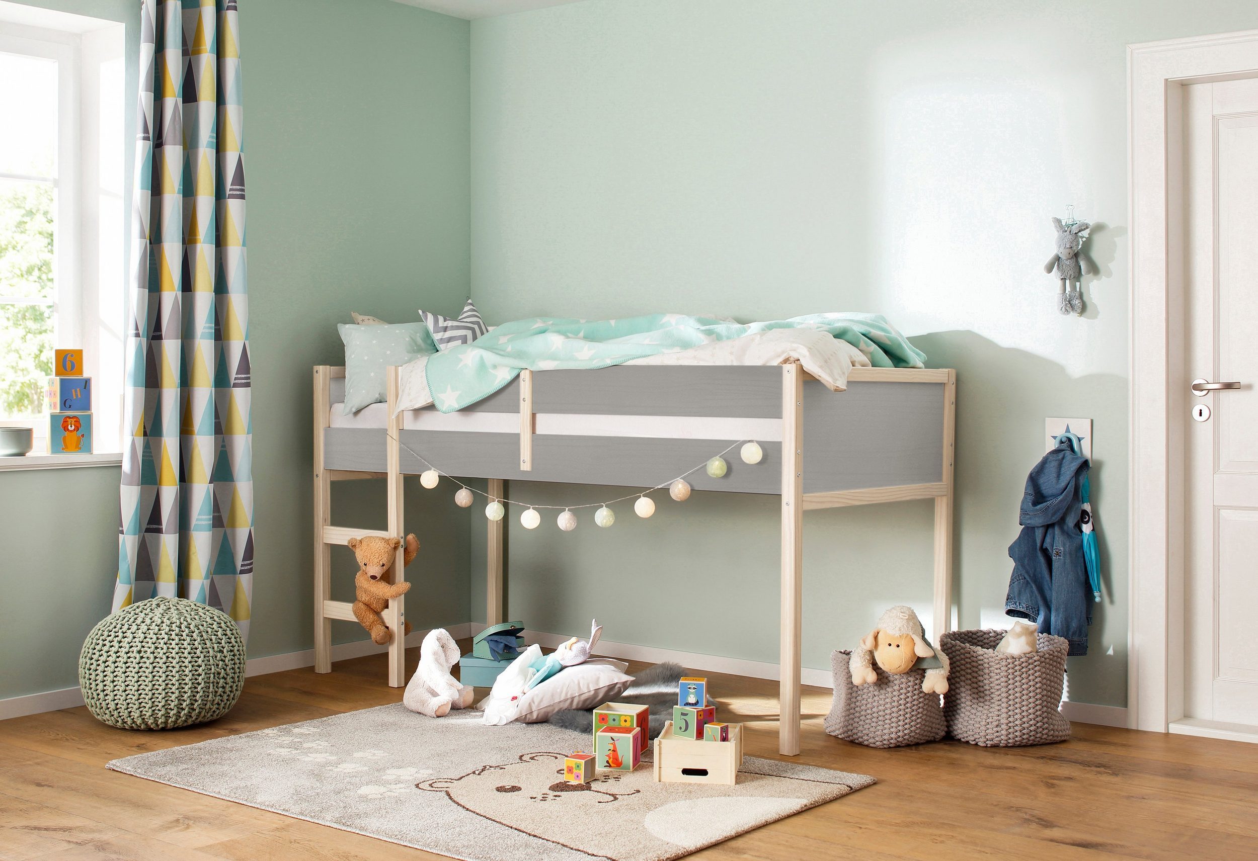 loft24 Hochbett Bob - Halbhochbett Kinderbett Bett Bettgestell Jugendbett mit Leiter, moderner Landhausstil, 90x200 cm