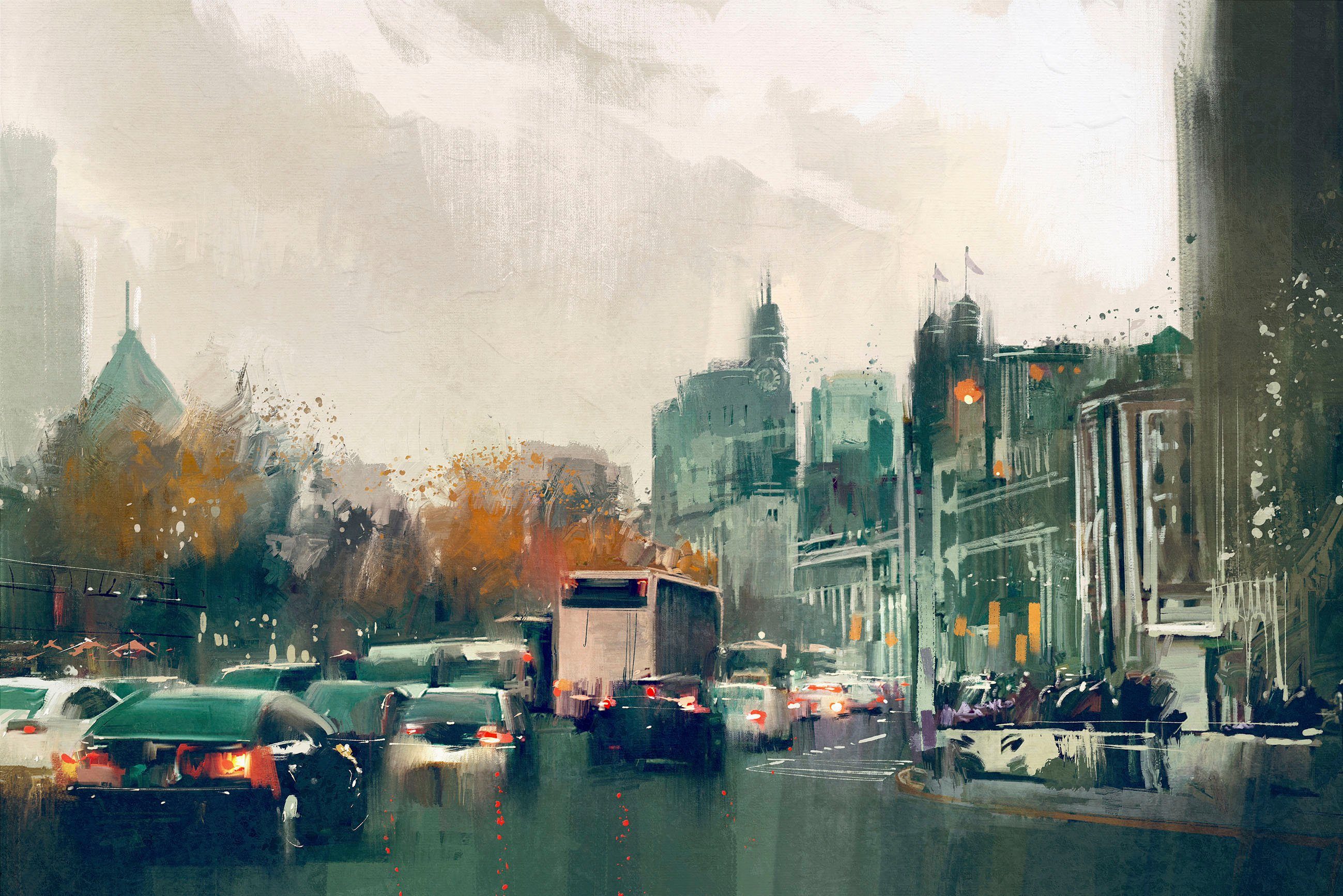 queence Leinwandbild Straßenverkehr, Amerika, Fahrzeuge, Menschen, Städte, Premium-Leinwandstoff, Handarbeit aus Deutschland