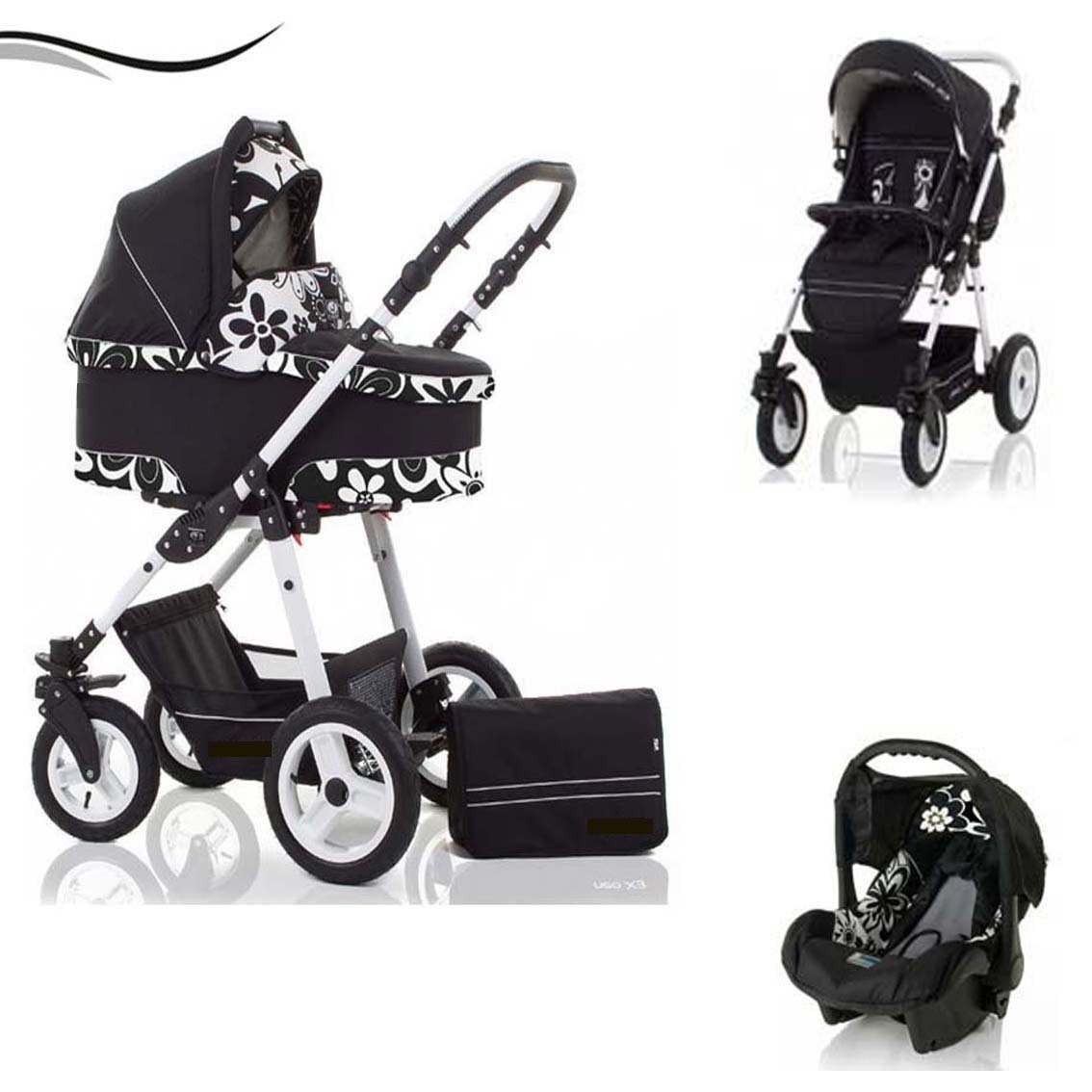 babies-on-wheels Kombi-Kinderwagen City Star 3 in 1 inkl. Autositz - 16 Teile - von Geburt bis 4 Jahre in 16 Farben Schwarz-Blume
