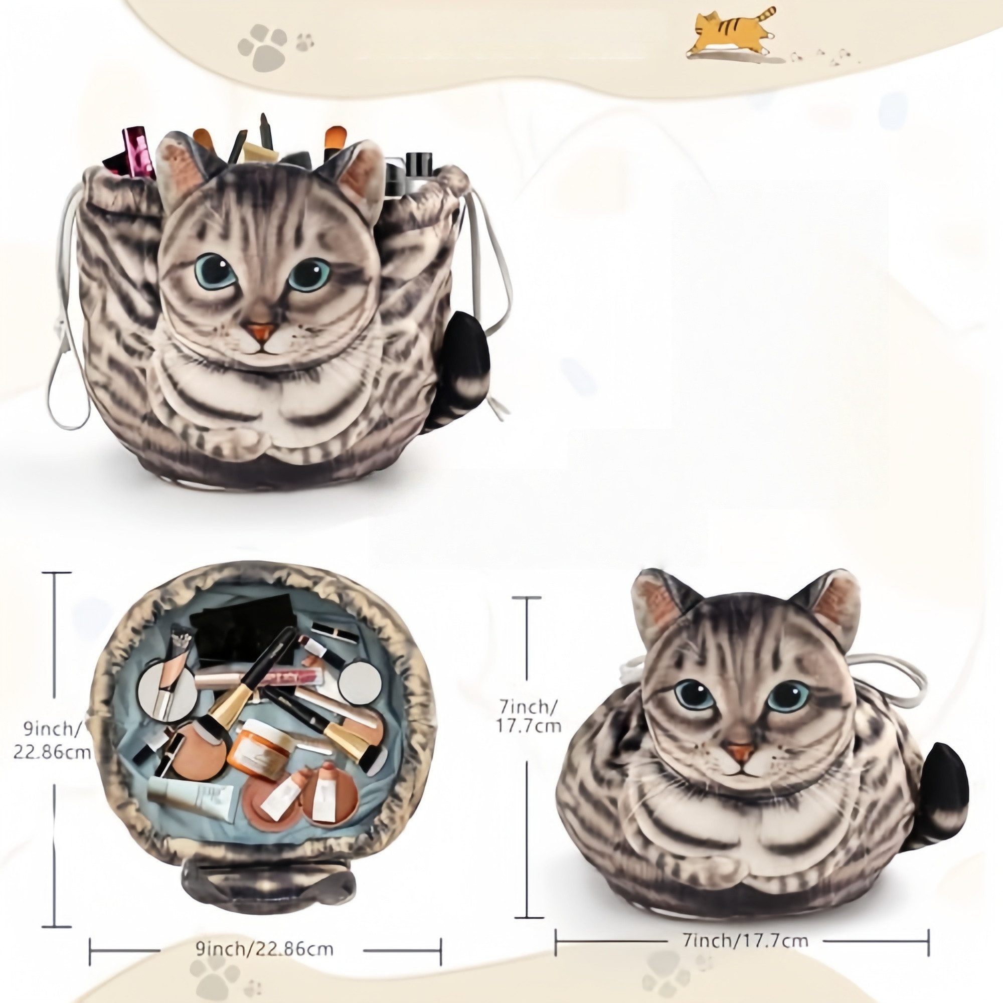 FOUORTUNATE-BEE Kulturbeutel Kosmetiktasche mit Katzenmotiv, groß & tragbar mit Kordelzug, Niedliche Make-up Tasche für Reisen, Geschenk für Katzenfans – Bild 5 von 5
