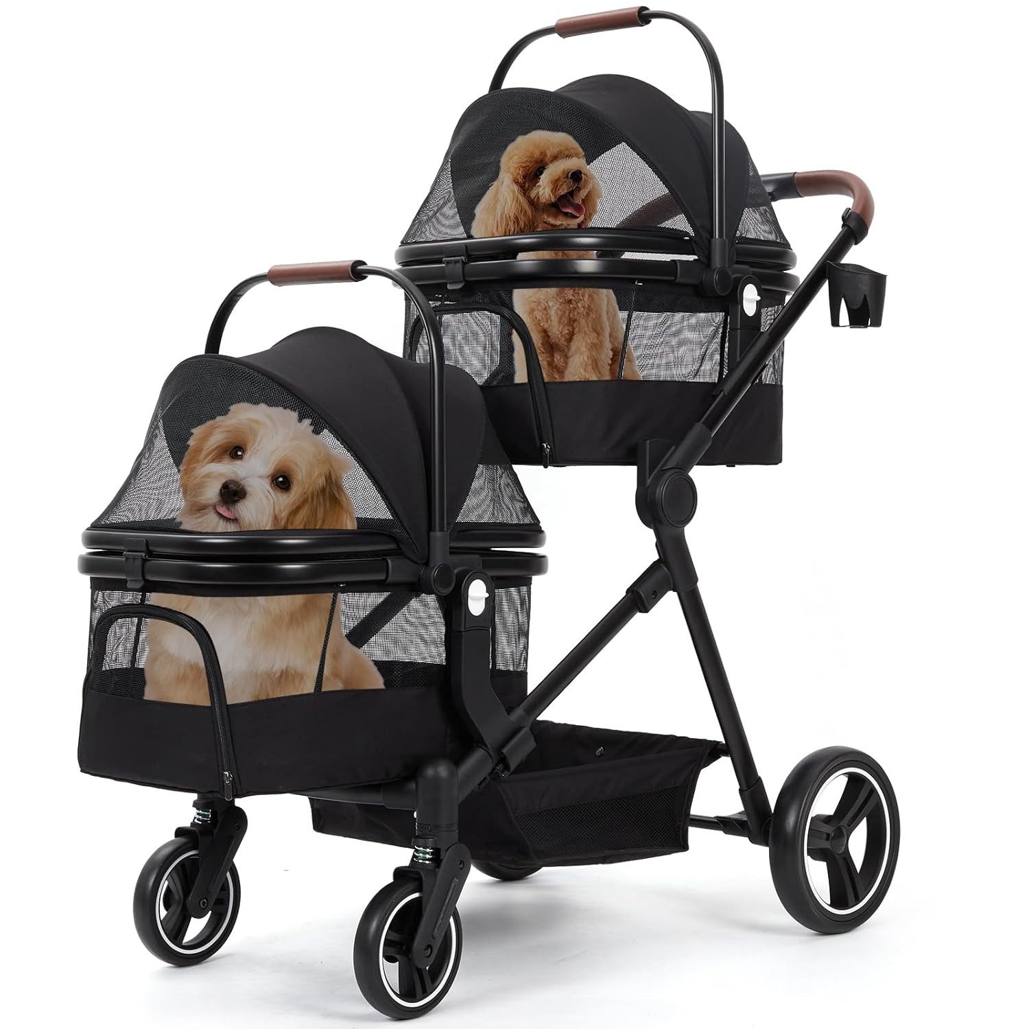 GarveeMore Hundebuggy 3-in-1Faltbarer Doppelstöckiger Hundebuggy (15kg pro Ebene), mit Netzfenstern,Stauraum&Getränkehalter für Kleine Hunde/Katzen