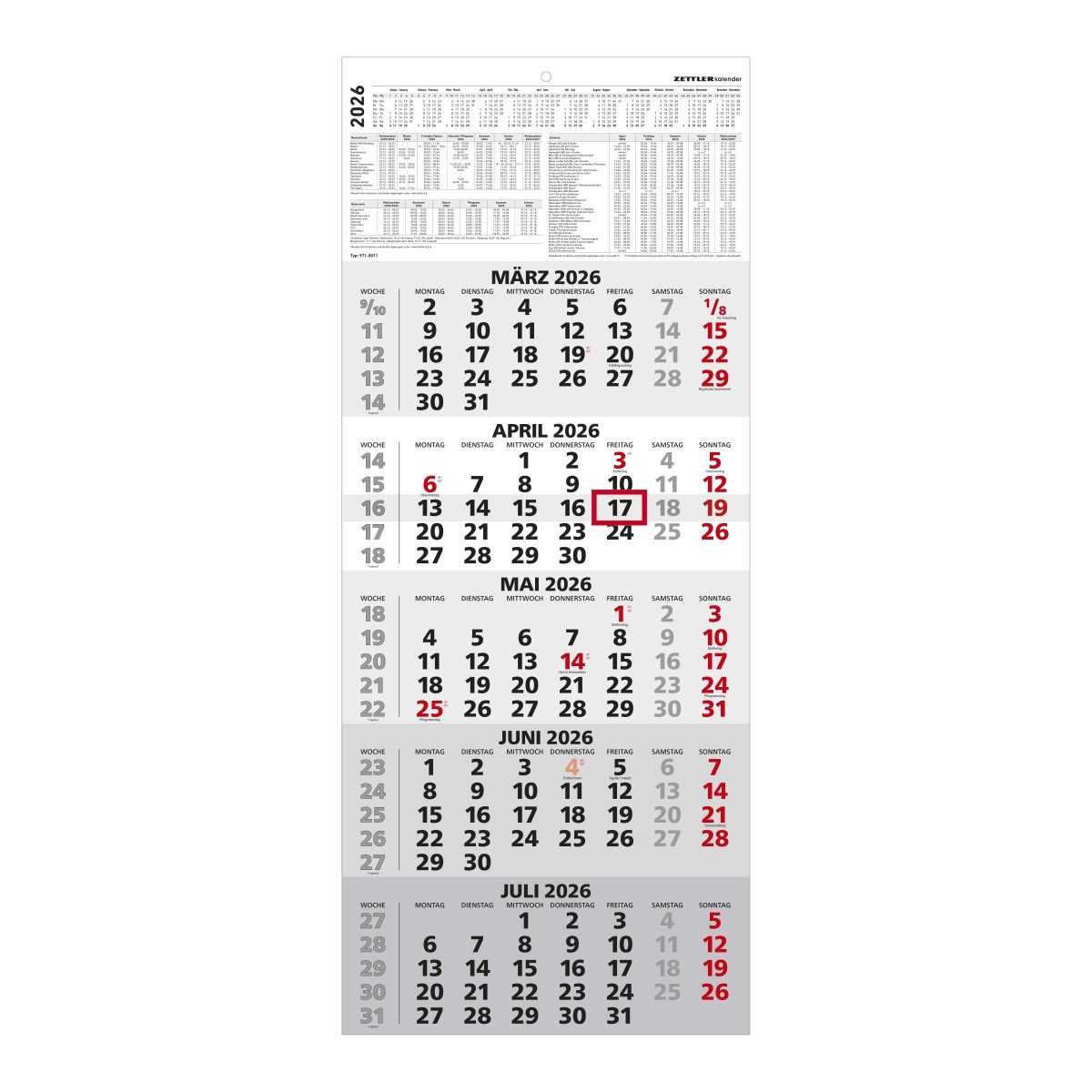ZETTLER Wandkalender Fünfmonatskalender 971 30x71,8cm 2026