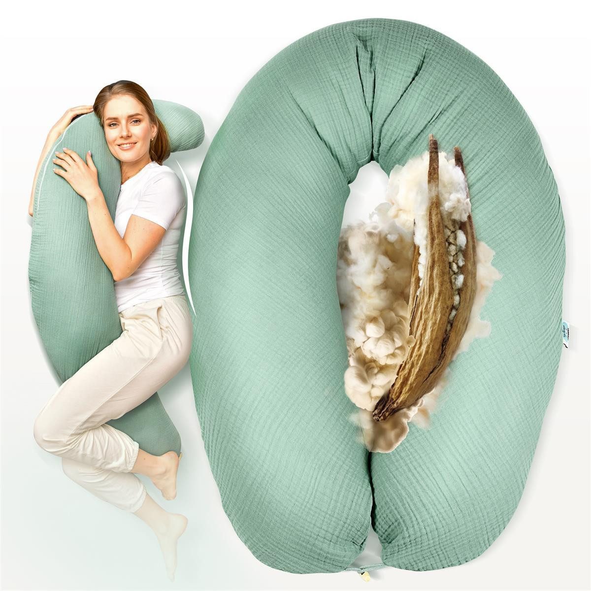 SEI Design Подушки для кормления Kapok Подушки для кормления Naturstillkissen 190x30 Seitenschläferkissen Natur, Schwangerschaftskissen mit Bezug, Schwangerschaftskissen mit Bezug, Kapok-Füllung, Bezug Bio-Baumwolle