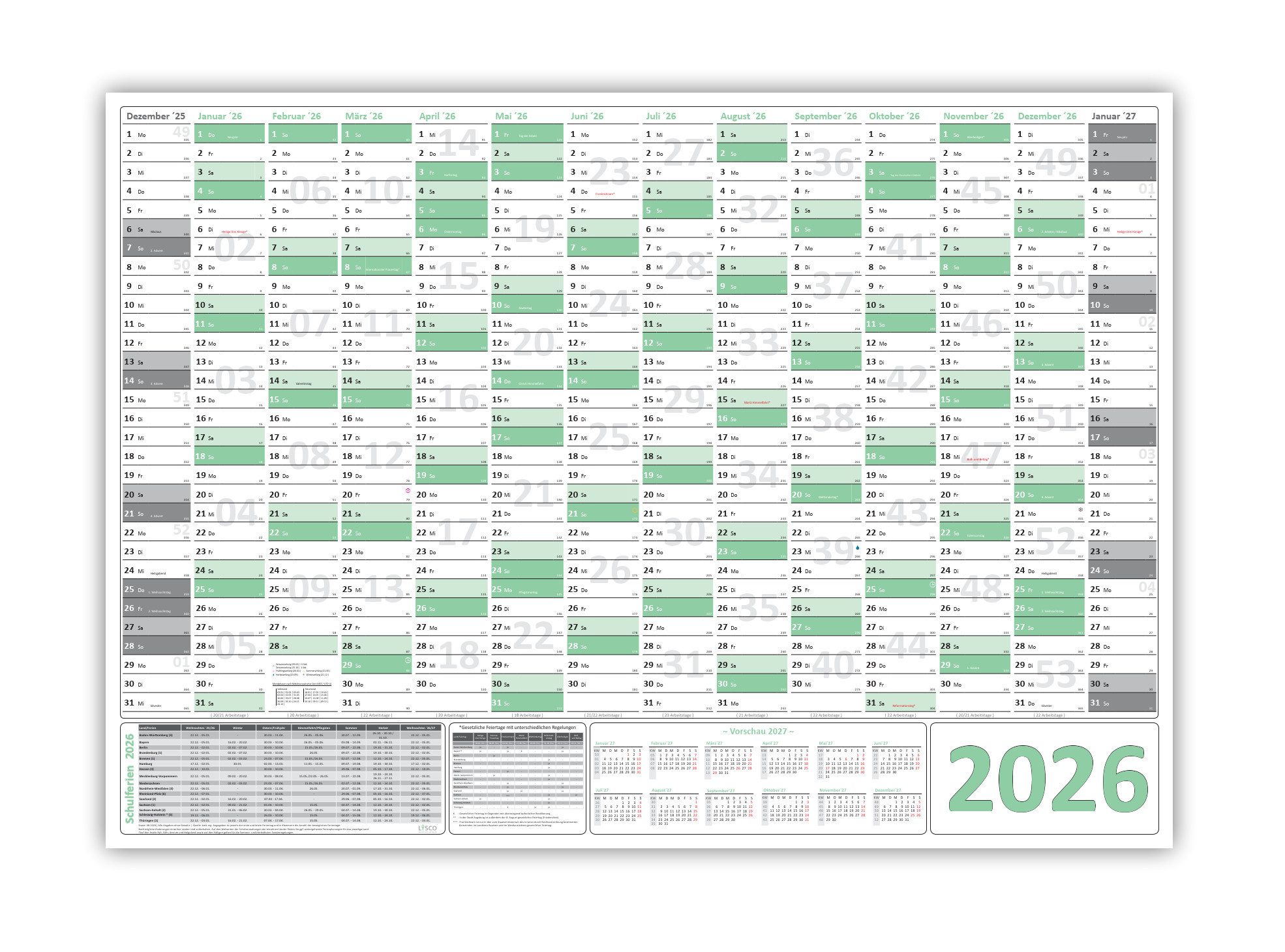 LYSCO Wandkalender Green Wandplaner 2026 / 2025 + 2026 gefaltet DIN A2 (420 x 594 mm), Darstellung 14 Monate mit Jahresvorschau Folgejahr, und Ferientermine / Feiertage aller Bundesländer
