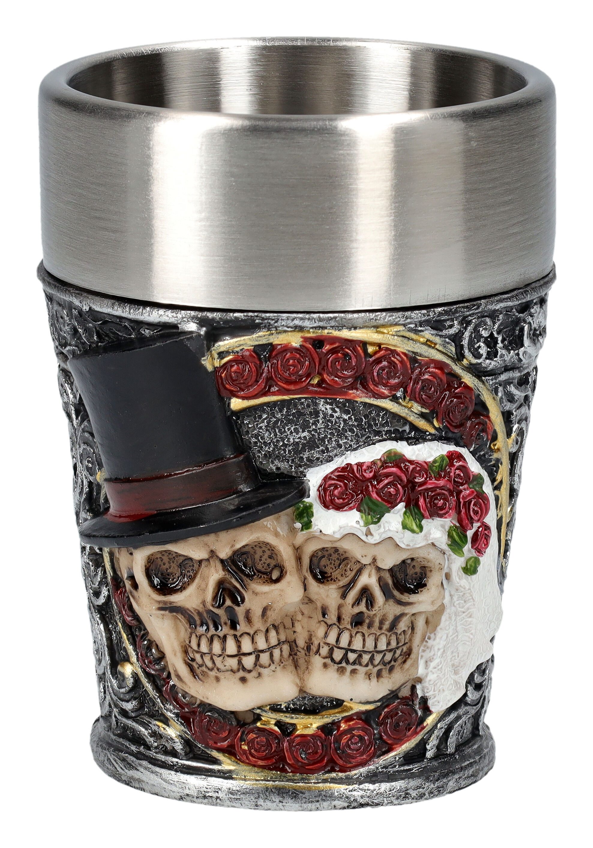 Figuren Shop GmbH Becher Schnapsbecher - Skelett Brautpaar - Stamperl Schnapsglas Gothic Deko, Kunststein (Polyresin), Edelstahl