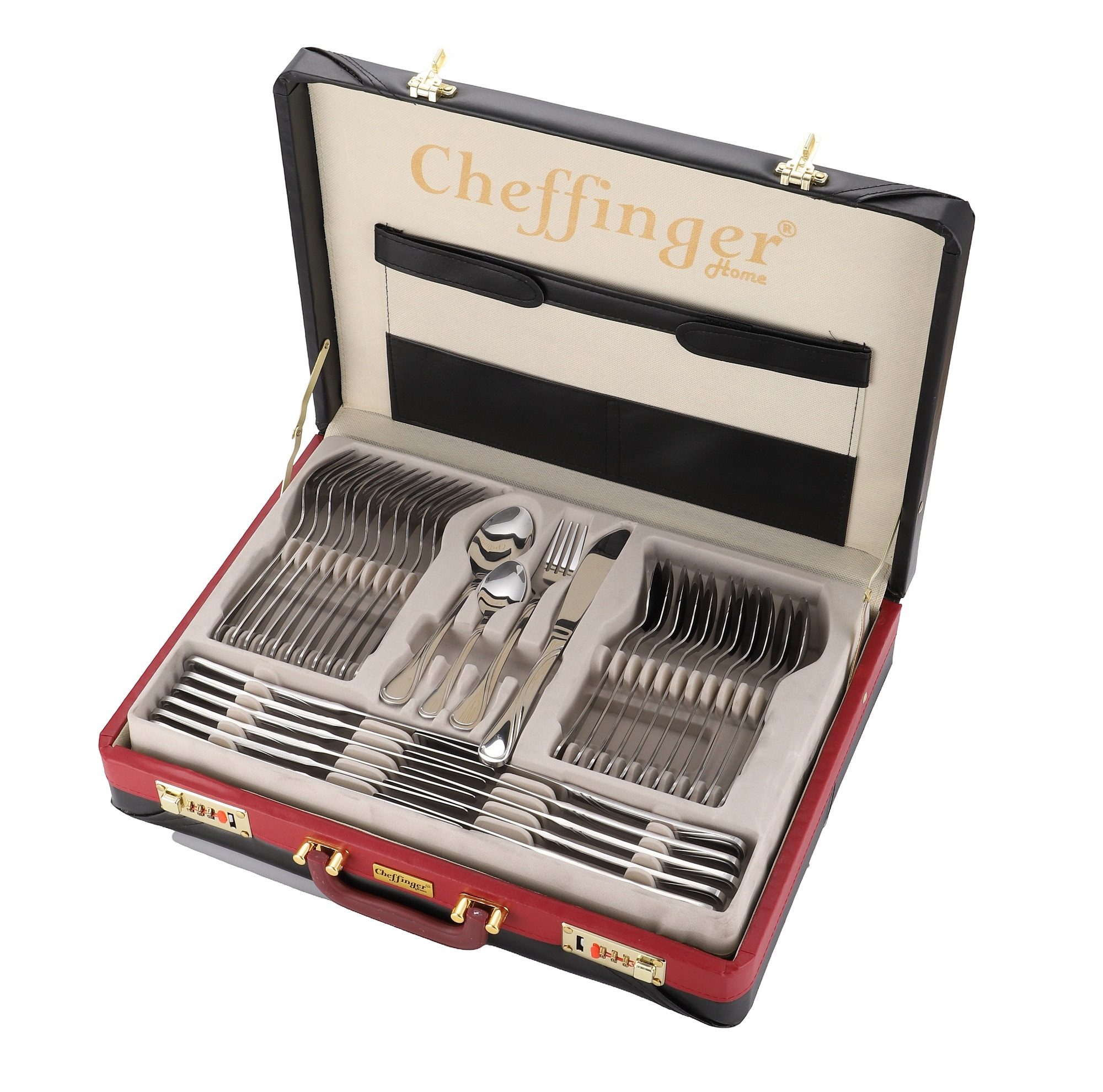 Cheffinger Besteck-Set Essbesteck Besteck-Set für 12 Personen m. Besteckkoffer 72-tlg, 12 Personen