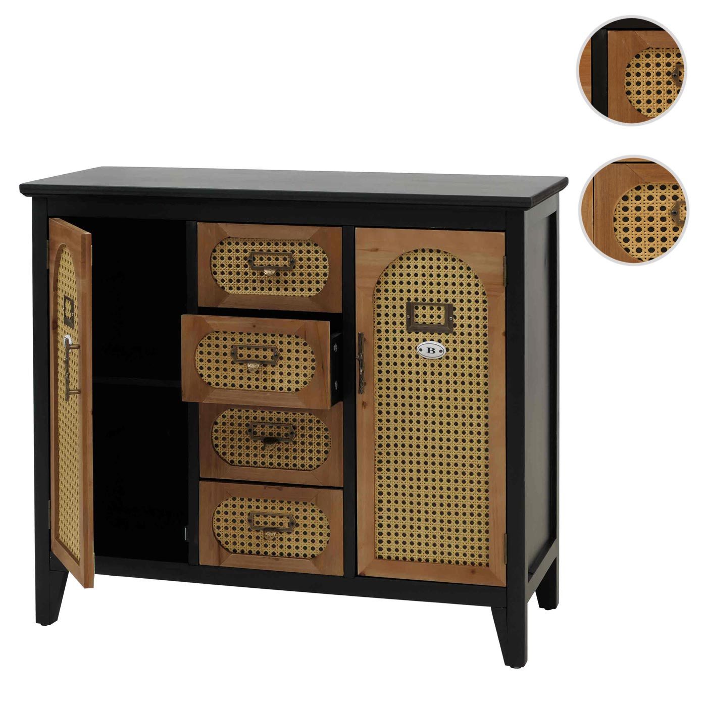 MCW Apothekerschrank MCW-O63-R Stilvoller Vintage-Look, Türen und Schubladenfronten in Rattanoptik