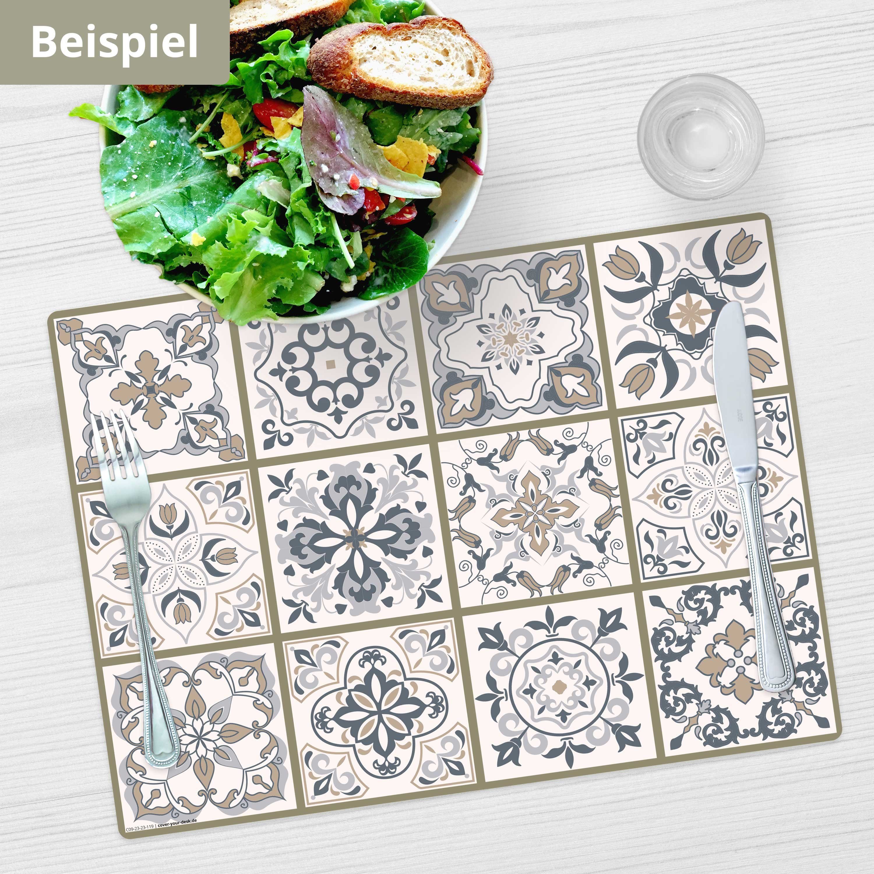 Tischsetmacher Platzset Tischset,  Platzset abwaschbar - Fliesenmuster grau-beige, (aus erstklassigem Vinyl, 4-St., 44 x 32 cm / beige), Made in Germany