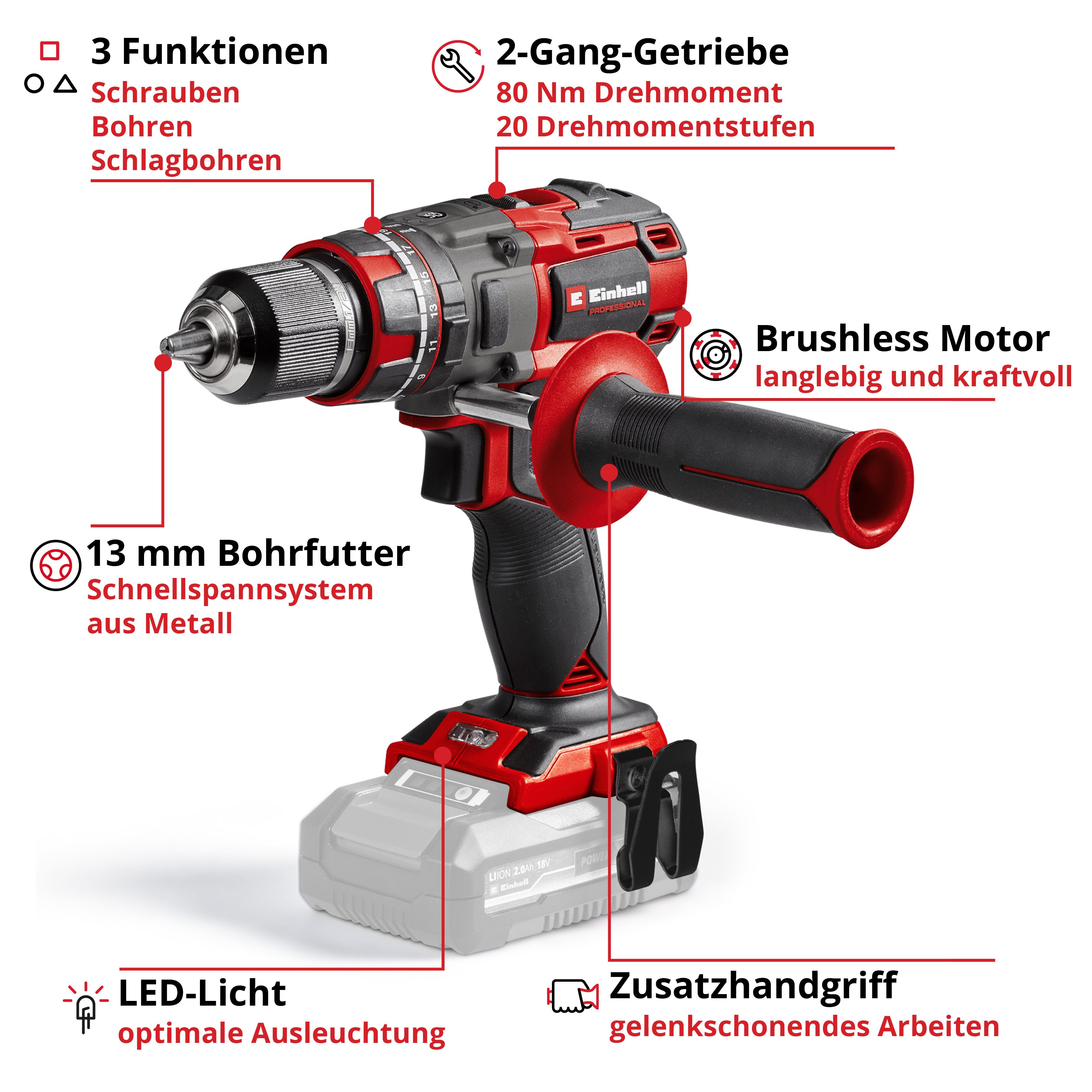 Einhell Akku-Schlagbohrschrauber TP-CD 18/80 Li-i BL - Solo, max. 1800 U/min