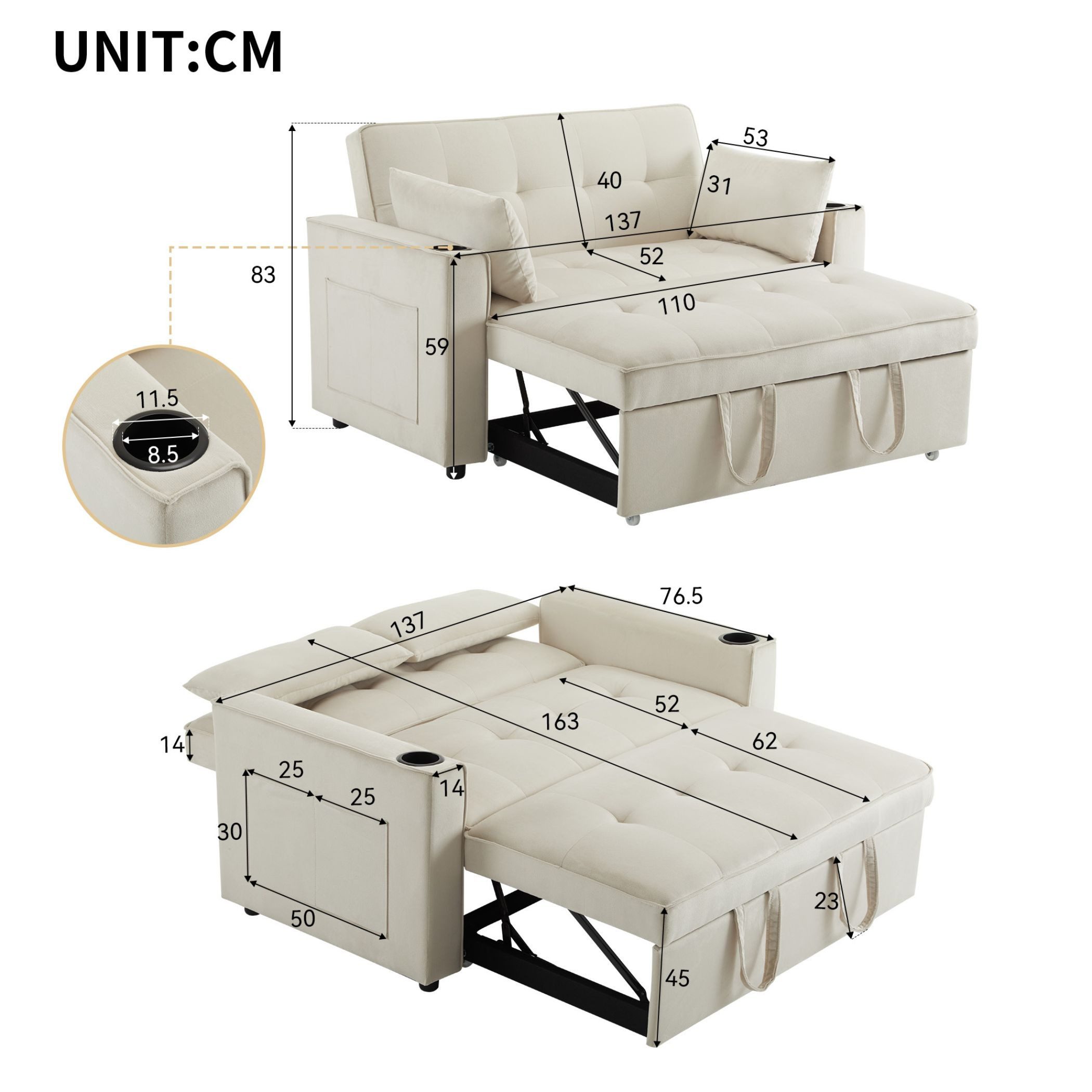 SeedWave Schlafsofa 3-in-1 Velvet Schlafsofa mit Getränkehaltern und Zwei Großen Kissen, Verstellbarer Rückenlehne (105°/140°/180)