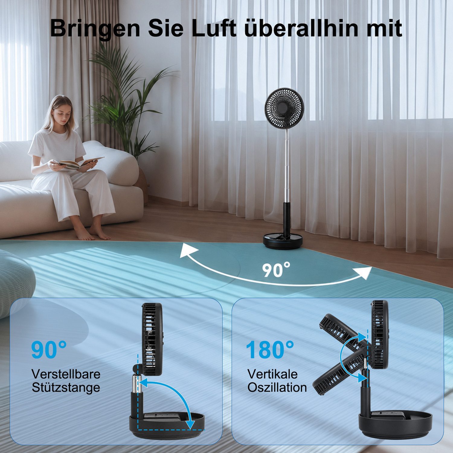 MOPUEA Akku-Standventilator Akku-Standventilator Faltbar Höhenverstellbar Fernbedienung Tragbar, 10400 mAh Akku leise faltbar 90° Schwenkung 8 Std Timer