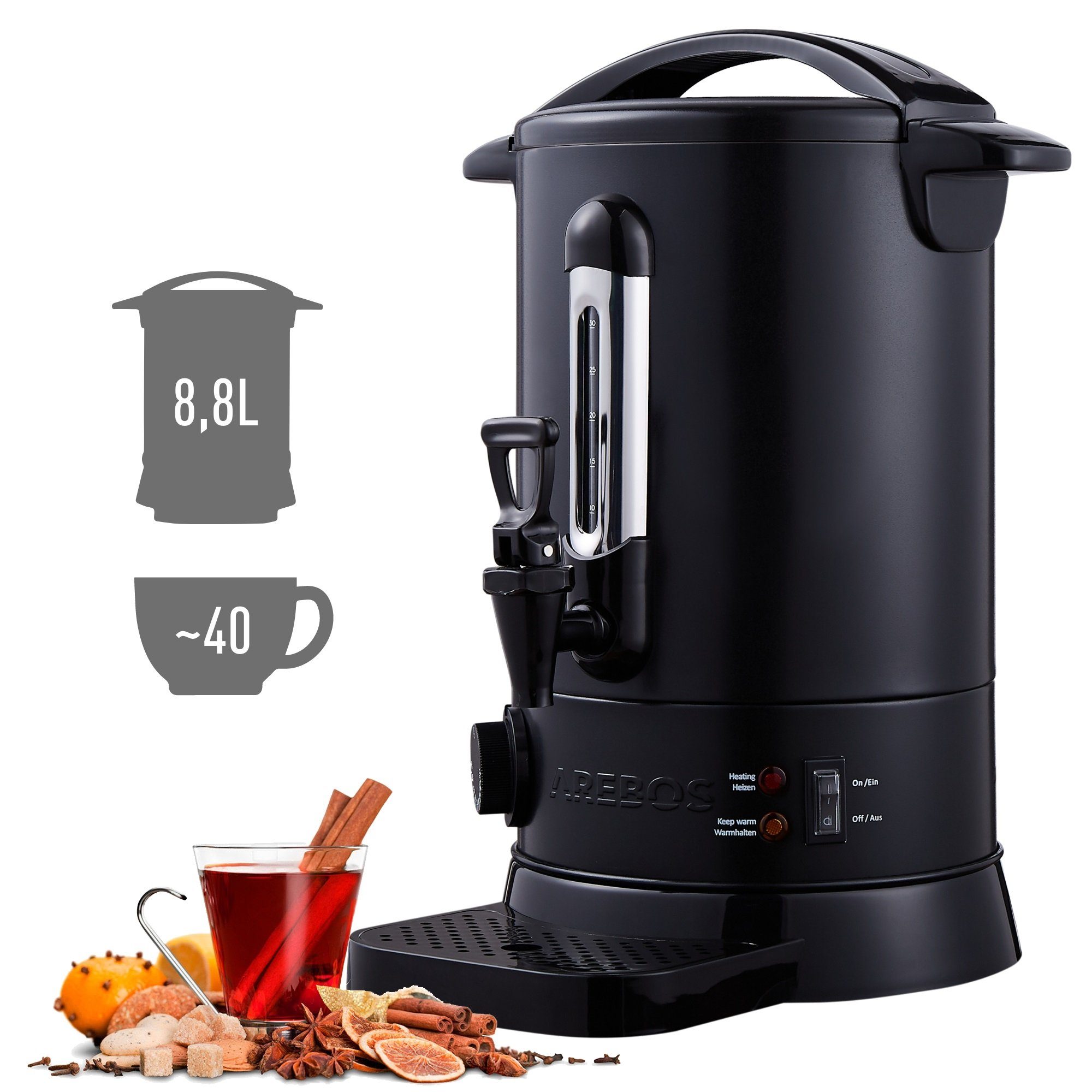 Arebos Einkoch- und Glühweinautomat 8,8 L, Überhitzungsschutz, Temperatureinstellung 30-110°C, 3 Farben, 950,00 W