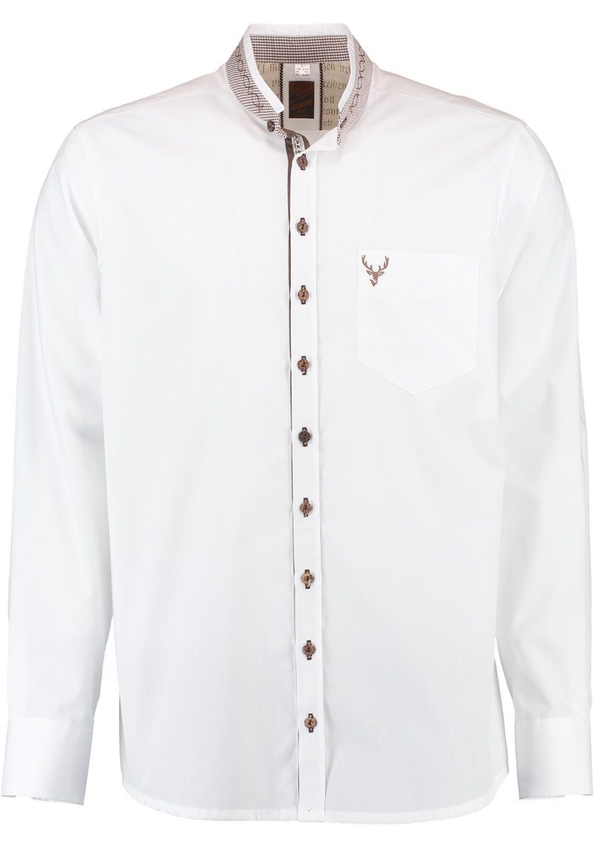Moschen-Bayern Trachtenhemd Trachtenhemd Herren SLIM FIT Stehkragen Hirsch Langarm Weiß-Braun