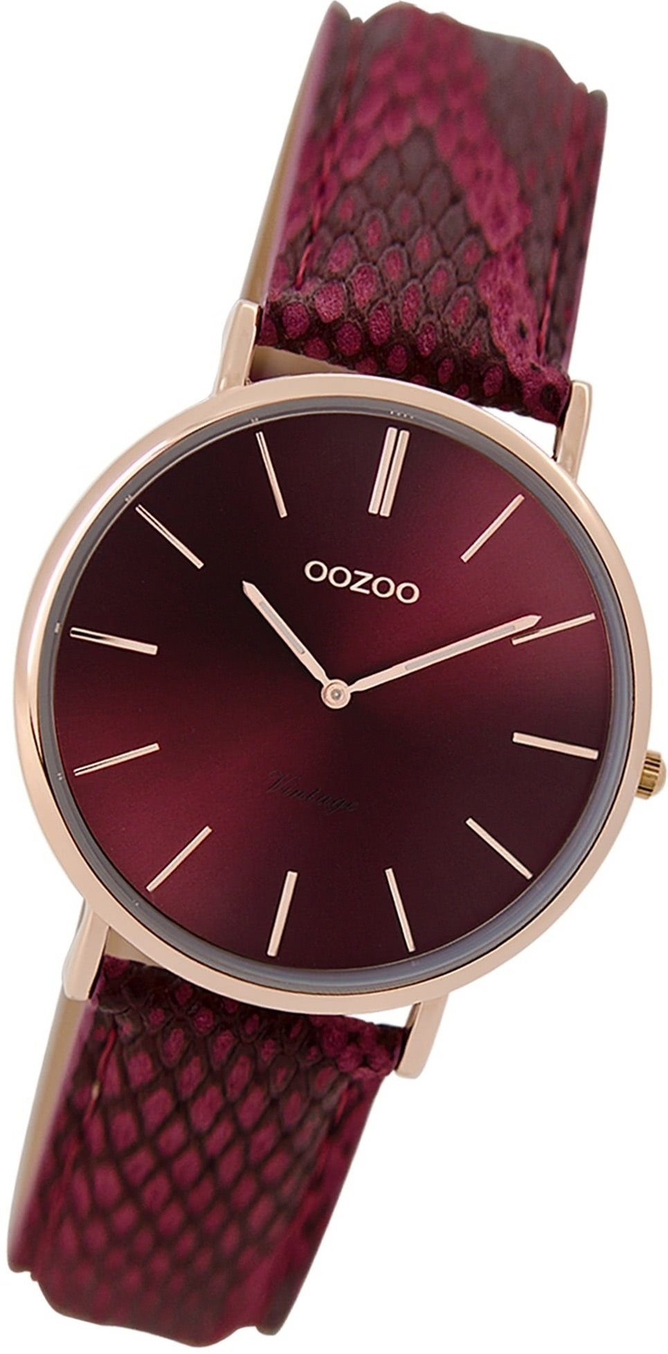 OOZOO Quarzuhr Oozoo Damen Armbanduhr Vintage Analog, Damenuhr Lederarmband rot, rundes Gehäuse, mittel (ca. 32mm)